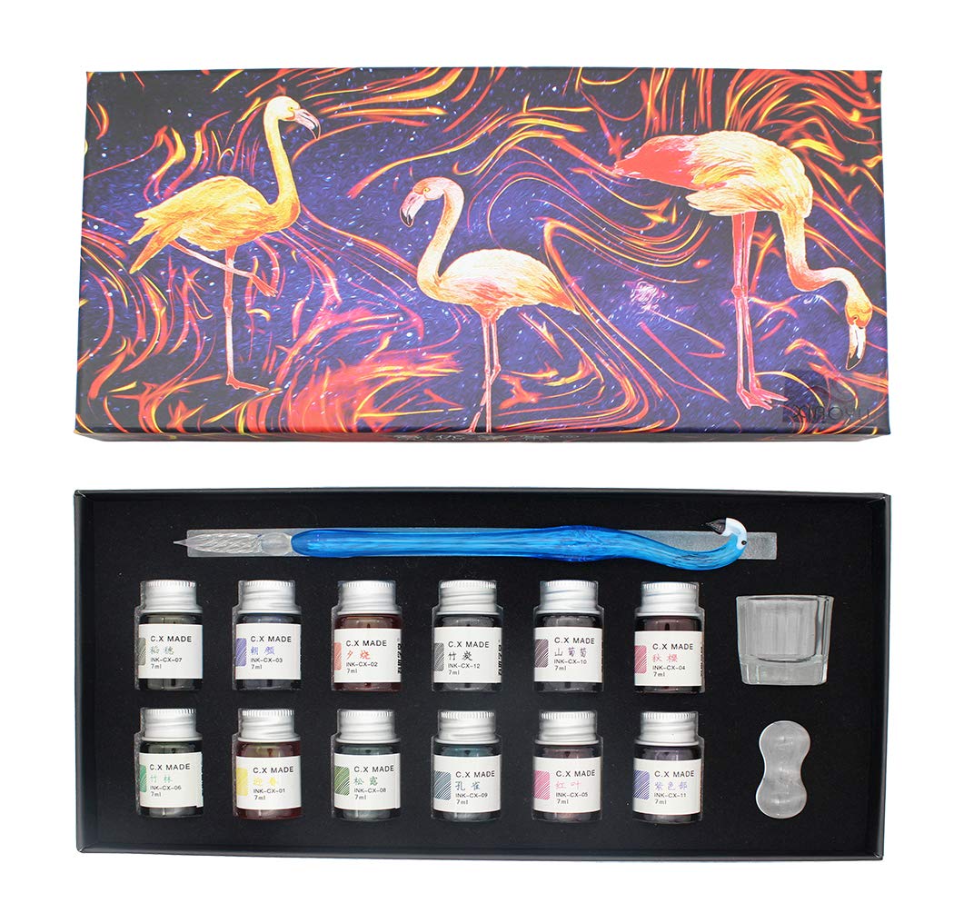 15 Pcs Handmade Glass Dip Pen Calligraphy Set - High Borosilicate Glass Signature Pen with Ink (7ML) - Blue - Perfect for Wedding Invitations, Art Journals & Calligraphy Practice