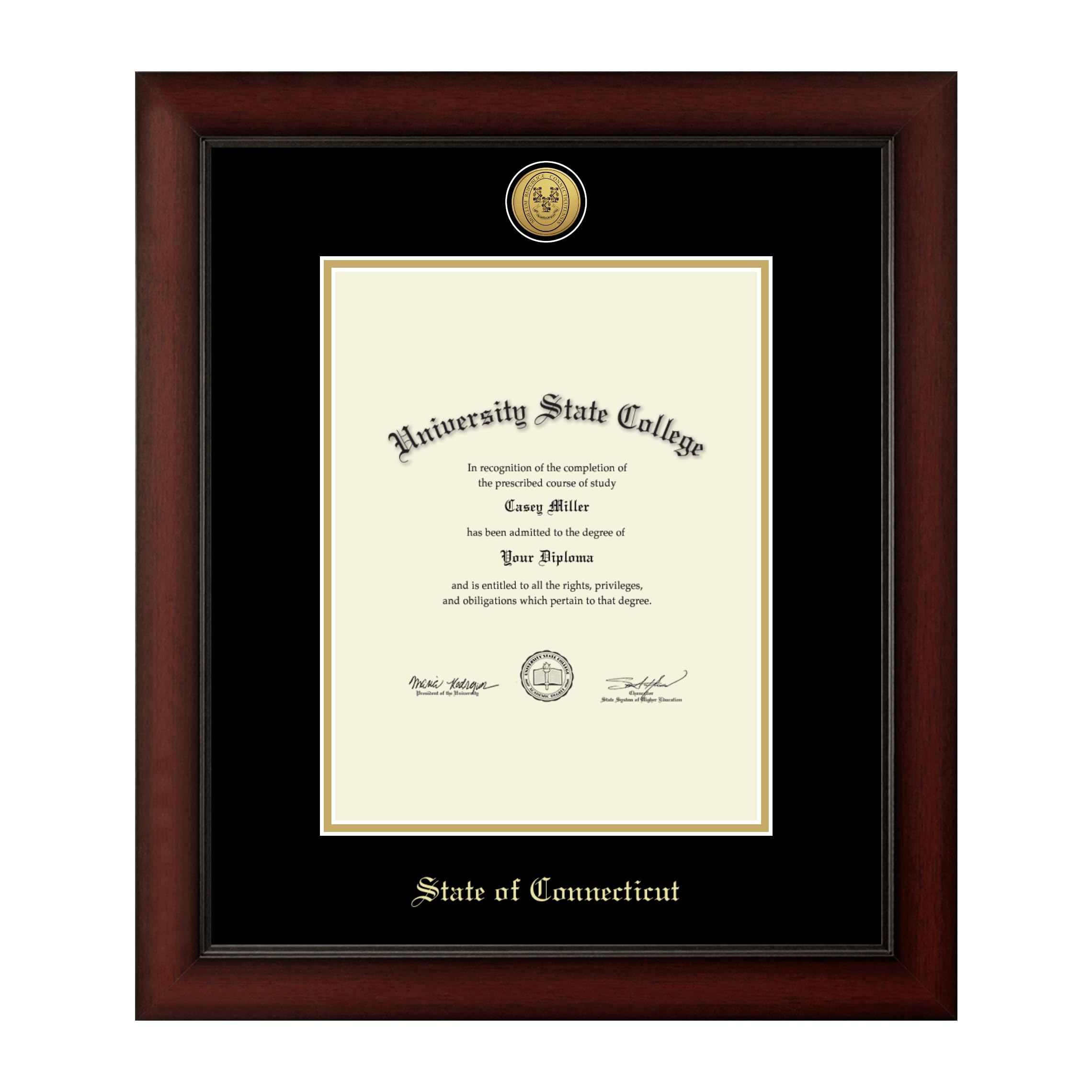 8.5x11 Inch Gold Embossed Certificate Frame with Cherry Wood Moulding & Black Gold Mat - Perfect for Connecticut Diplomas, Awards & Office Decor