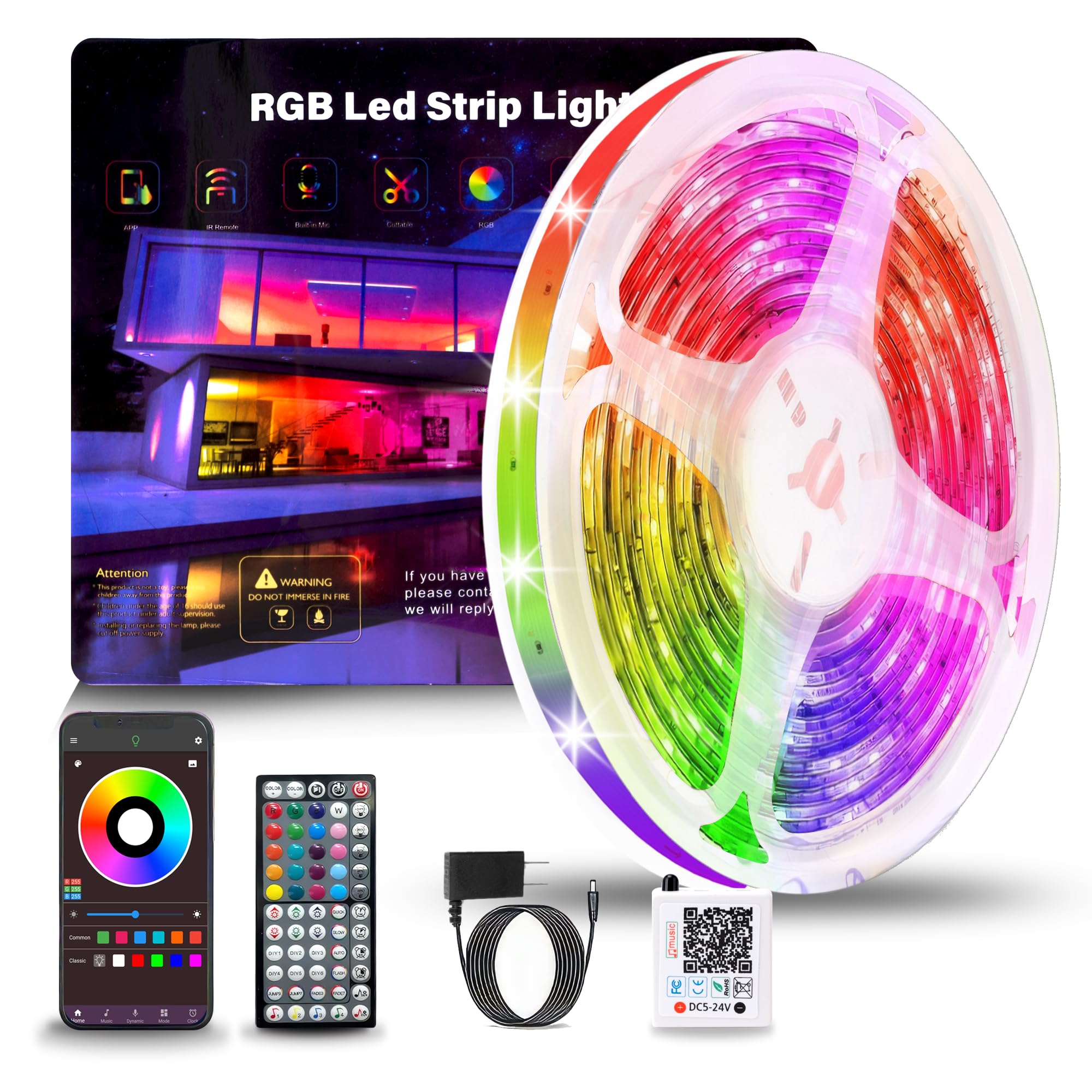 50ft RGB LED Strip Lights with Remote & App Control - Color Changing Bedroom Lights, Music Sync for Room, Kitchen, Party & Home Decor | Perfect for Mood Lighting, Gaming Setup & Holiday Decoration