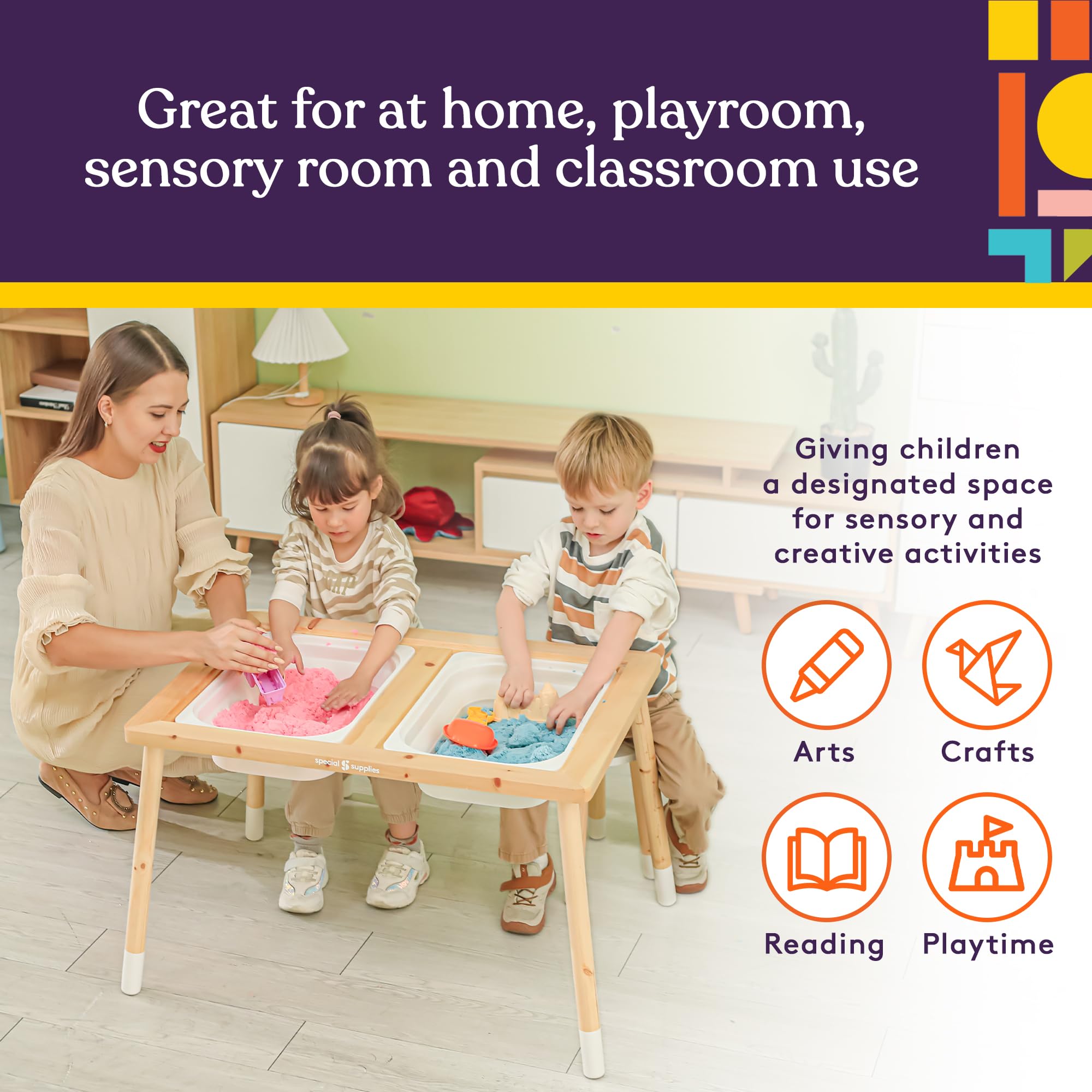 Premium Kids Sensory Table Set with Deep Water & Sand Bins - Writable Lids, Chalk & Dry Erase Markers for Active Learning, Creative Play & Arts - Pine Wood (2 Bins) - Perfect for Preschool, Daycare & Home Playrooms