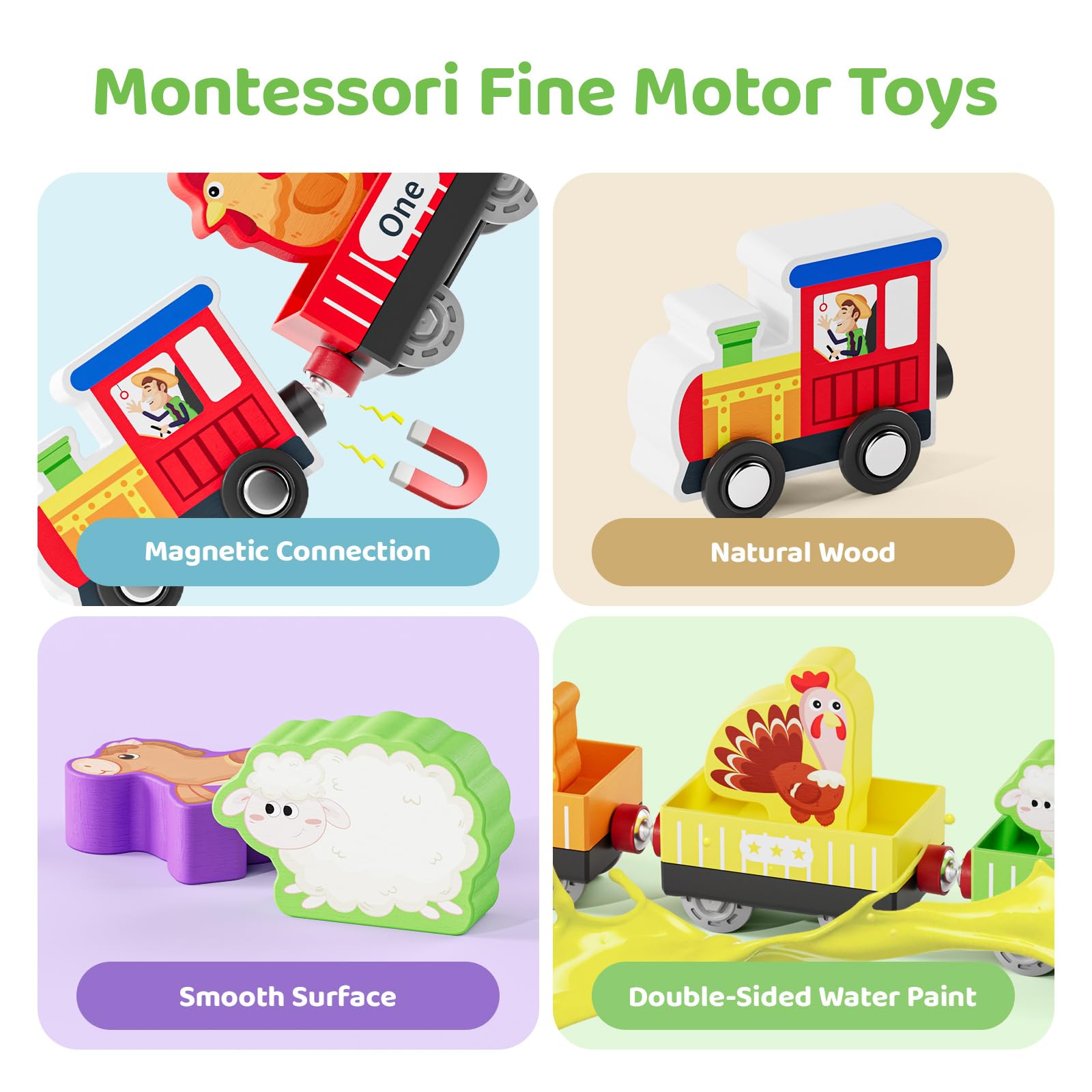 Wooden Animal Toy Train Set for Toddlers 1-3 Years - Montessori Magnetic Train Toys, Preschool Educational Learning & Sensory Toys - Perfect Gift for Boys & Girls - Great for Playtime, Early Childhood Development & Birthday Presents