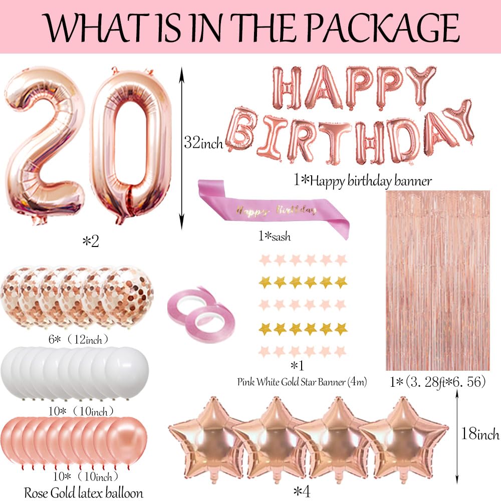 20th Birthday Party Decorations Set - Rose Gold Happy Birthday Banner, Sash & Number 20 Balloons for Women | Latex Confetti Balloons, Perfect for 20th Birthday Celebrations, Milestone Parties & Photo Backdrops