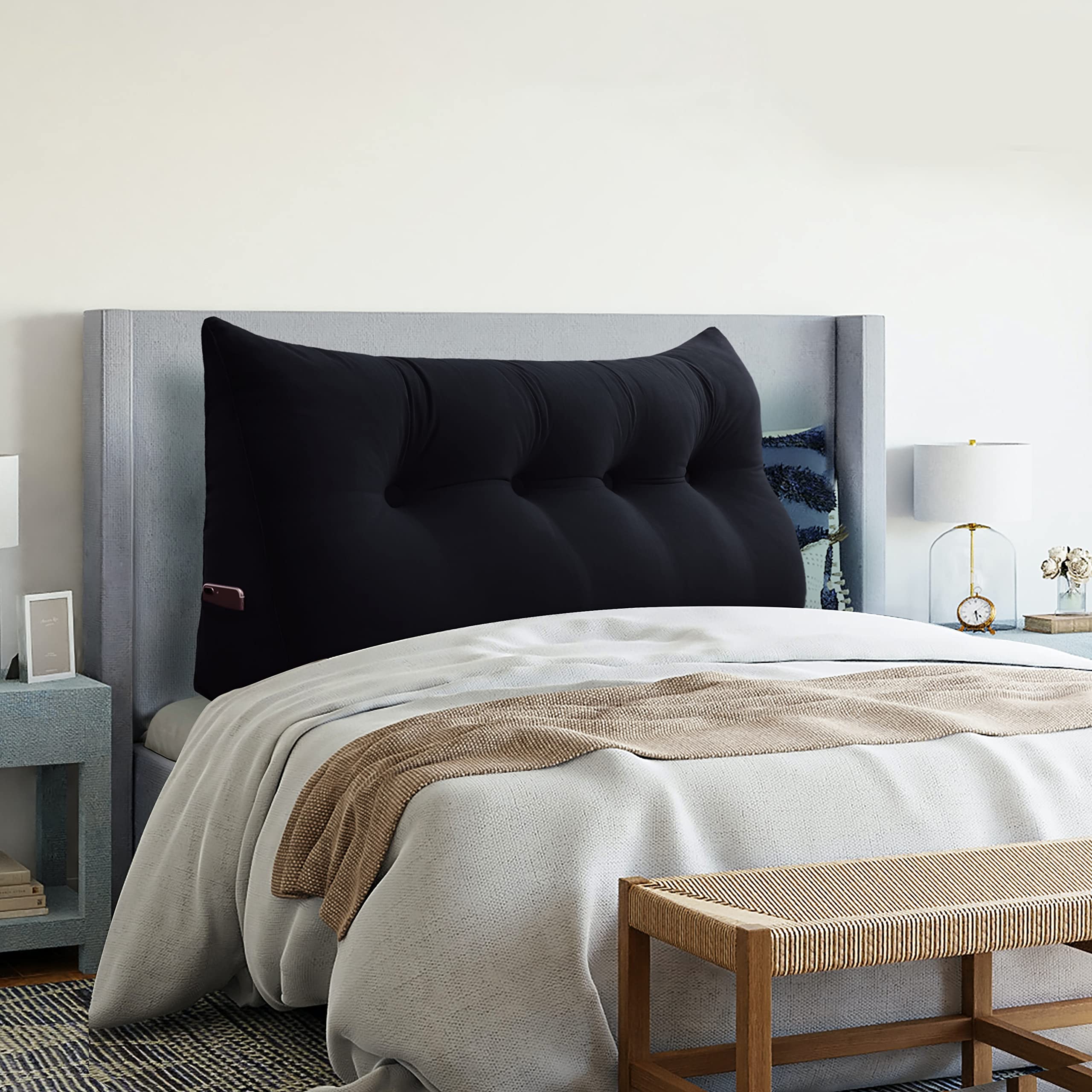 VERCART Large Velvet Wedge Pillow for Bed - Black Full Size Headboard Support, Reading & Backrest Cushion, Triangular Gap Filler for Daybeds, Sofas and Chairs | Perfect for Reading, Watching TV, or Lounging in Bed