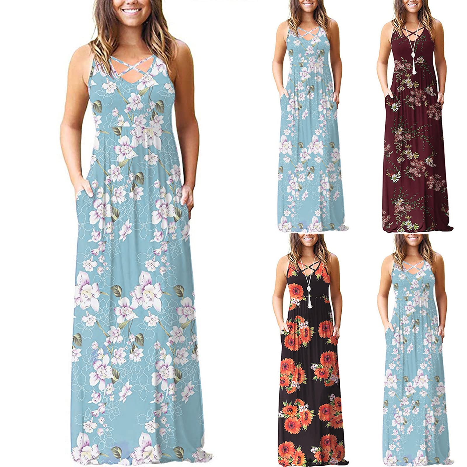 Sayelo Women's Floral Print Suspender Maxi Dress - Summer Long Sleeve Casual Sundress for Beach, Party & Date Night