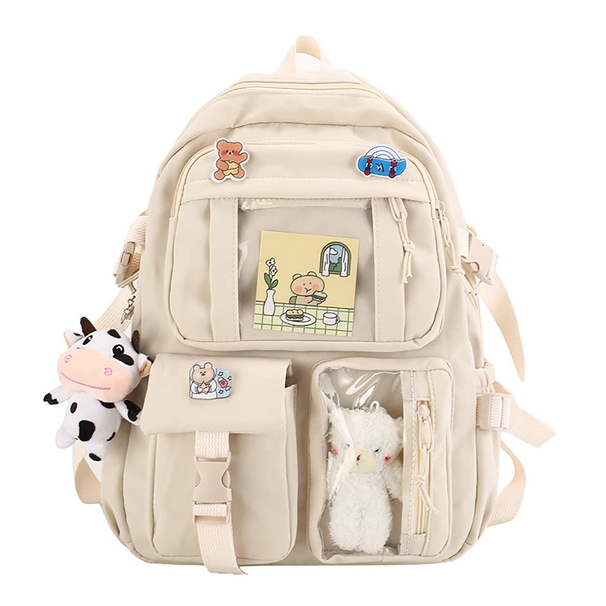 Cute Kawaii Aesthetic Backpack with Badge Pins & Keychain Pendant - Lightweight Travel Backpack for School, College, Work & Daily Use