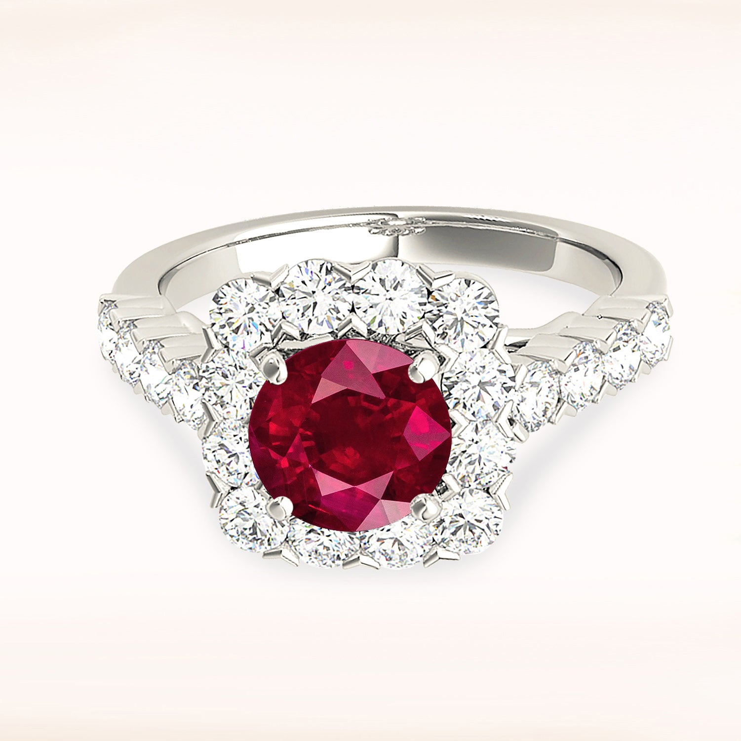2.35 Carat Genuine Ruby Ring with Cushion Halo & Scalloped Diamond Band - Elegant Engagement, Anniversary Gift for Women