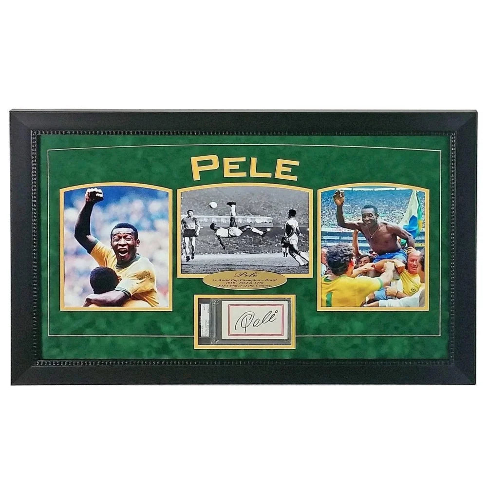 Pele Signed Framed Triple 8x10 Cut Autograph - PSA/DNA Certified COA - Legendary Brazil Soccer Memorabilia for Collectors & Man Cave Decor