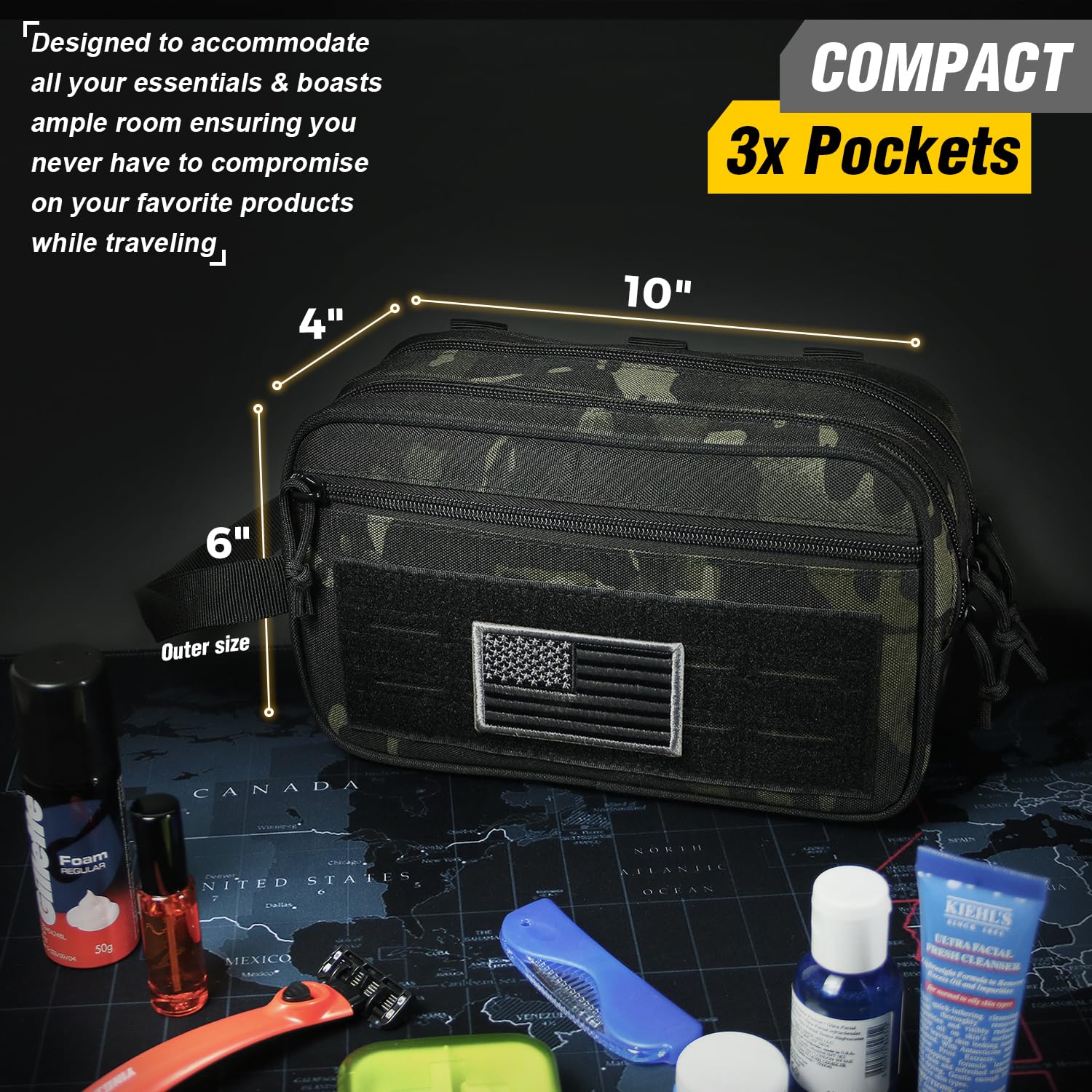 DBTAC Tactical Toiletry Bag for Men - Waterproof Shower Bag with Wet/Dry Compartments | Compact Travel Dopp Kit & Shaving Organizer (Black Camo) - Perfect for Camping, Gym & Business Trips