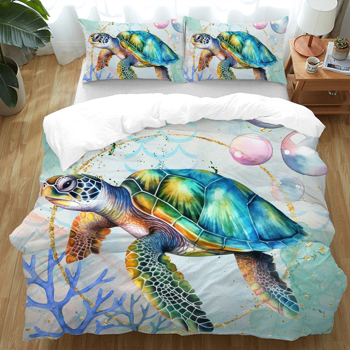 Dreamy Sea Turtle Bedding Set - Ocean Themed 4-Piece Queen Size Bed Sheet Set with Pillowcases | Perfect for Kids' Rooms, Beach House Decor & Underwater Themed Bedrooms
