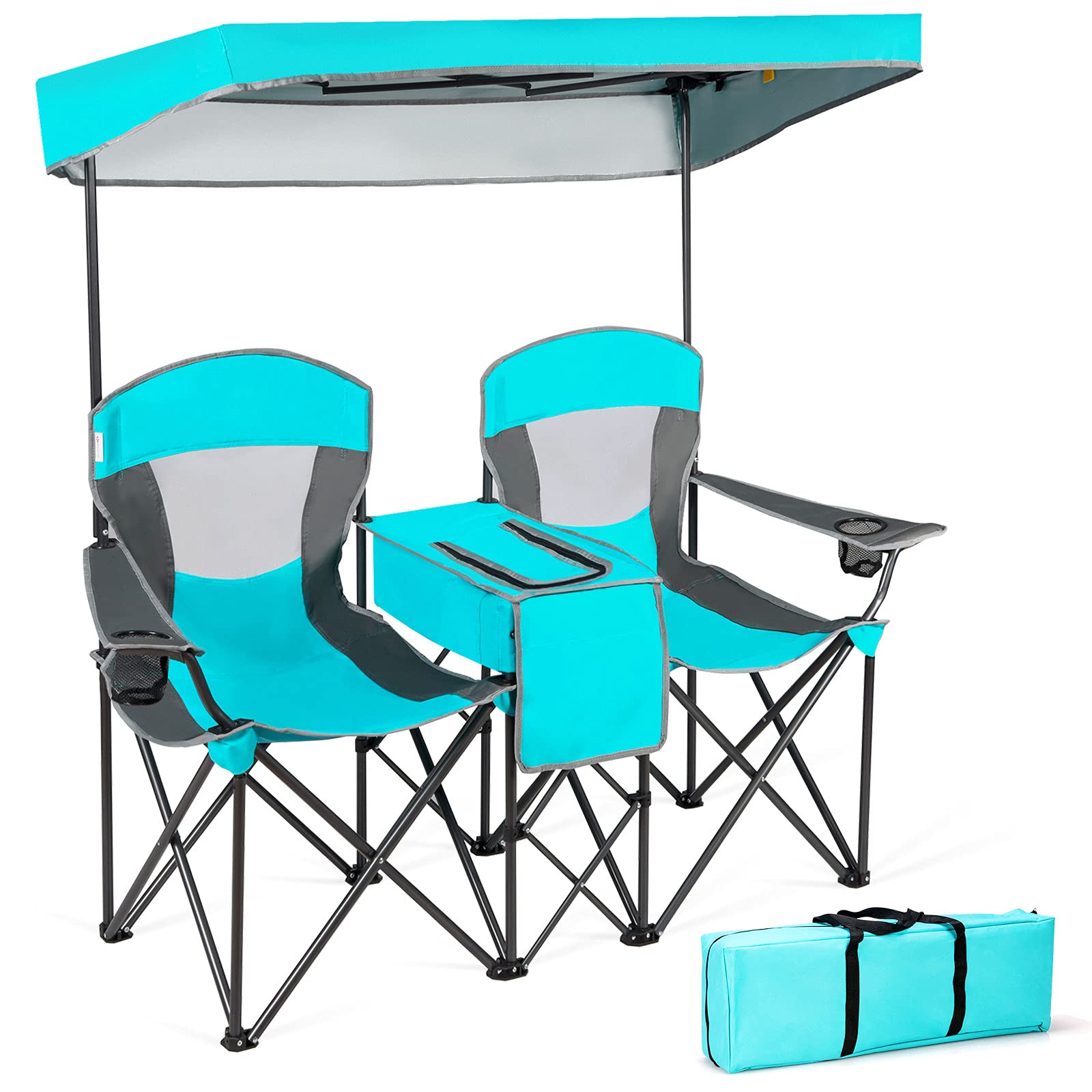 GYMAX 2-Person Double Camping Chair with Canopy Shade - Adjustable UV Protection, Built-in Cooler, Cup Holders & Carry Bag - Portable Folding Beach Lawn Chair for Outdoor Activities, Picnics, Soccer Games & Backyard Relaxation (Navy)