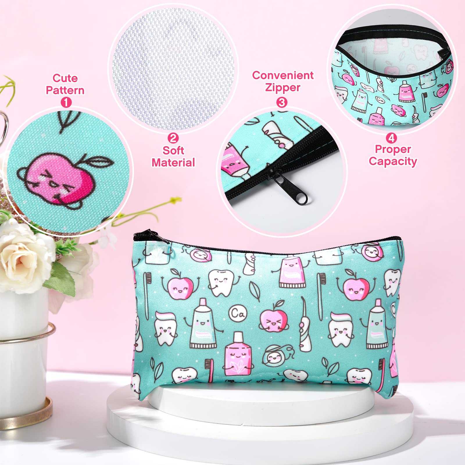 16 Pcs Cute Waterproof Teeth Makeup Bag - Travel Cosmetic Organizer with Zipper, Dental Hygienist Gifts for Women, Perfect for Dental Assistant Accessories & Toiletry Storage | Great for Travel, Work, and Daily Beauty Organization