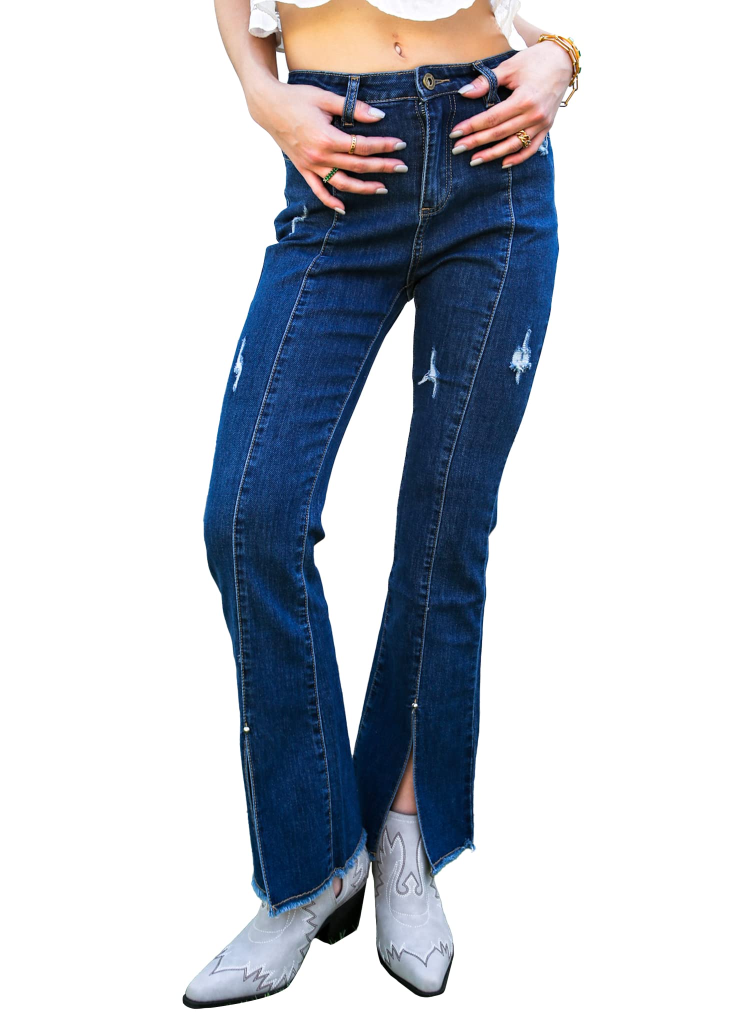Anna-Kaci Women's High Waist Distressed Denim Jeans with Side Slits & Pockets - Trendy Ripped Long Pants for Casual Outfits, Streetwear & Everyday Wear