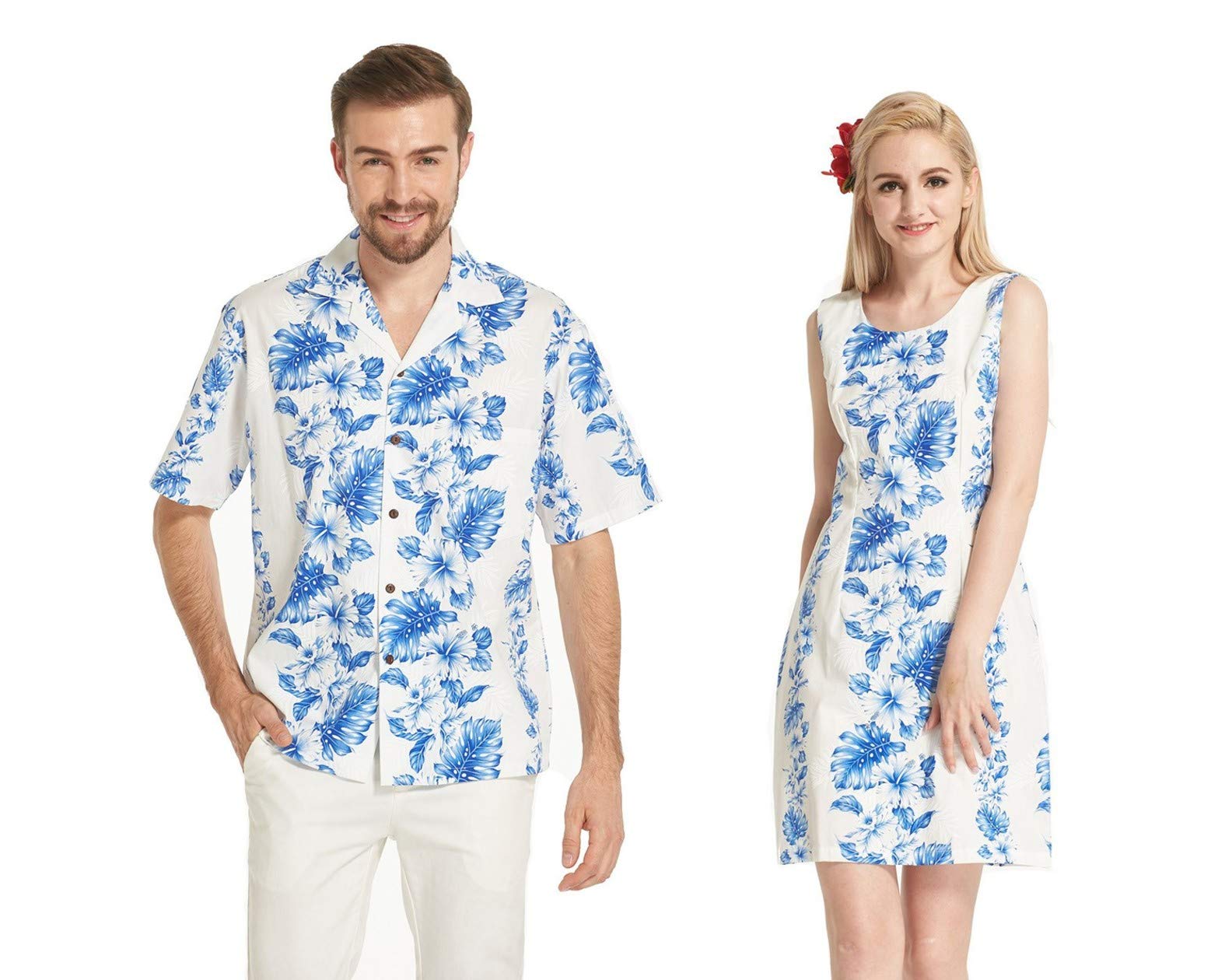 Hawaiian Couple Matching Luau Aloha Shirt & Tank Dress Set - Blue Hibiscus Floral Print on White | Perfect for Beach Vacations, Summer Parties & Hawaiian Theme Weddings