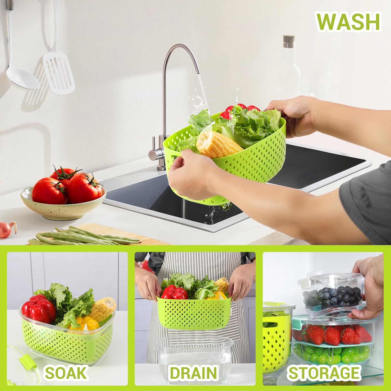 LUXEAR 3-Piece BPA-Free Fresh Produce Storage Containers Set - Fridge Organizer for Fruits, Vegetables, and Salads | Perfect for Meal Prep, Kitchen Organization & Healthy Food Preservation