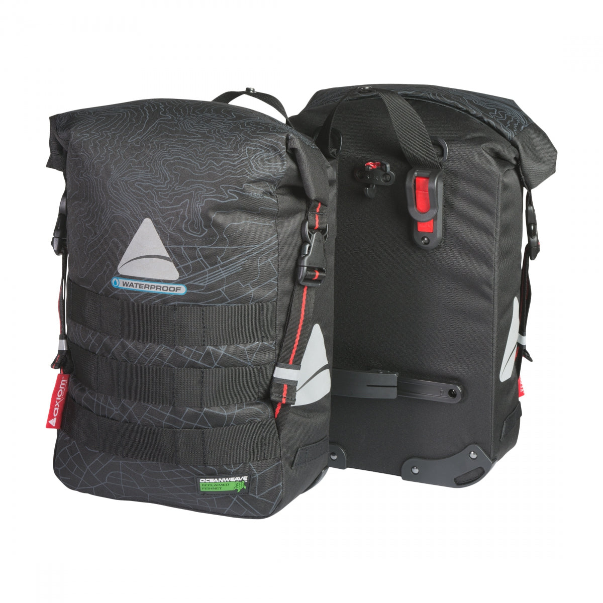 Axiom Monsoon Oceanweave 32+ Pannier Bike Bags - Black, 15.4x10.6x5.9 Inches (Pair) - Waterproof Hook-On Bicycle Panniers for Commuting, Touring & Grocery Shopping