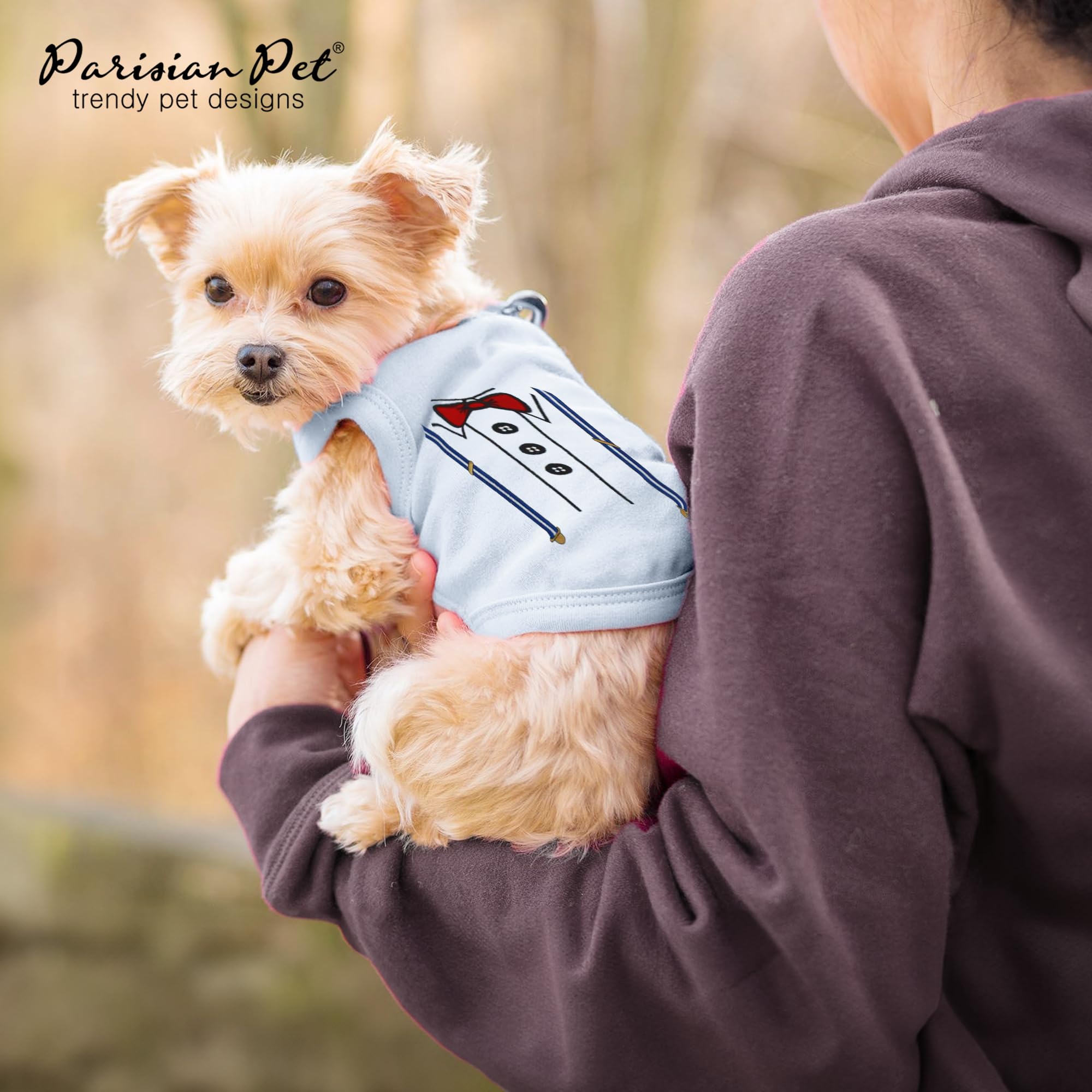 Parisian Pet Dog T-Shirt - Adjustable Suspenders Tuxedo Dog Shirt - Breathable Lightweight Sleeveless Tee for Small Dogs - Machine Washable Puppy Clothes - XS Size - Perfect for Weddings, Parties & Photo Shoots