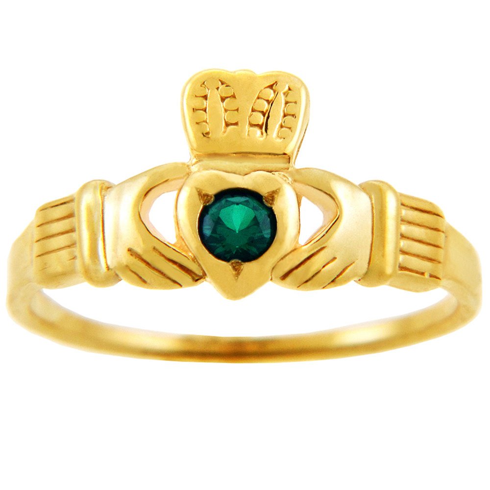 14k Yellow Gold Claddagh Ring with Solitaire Green CZ Stone - Irish Friendship & Love Ring for Women, Perfect for Weddings, Anniversaries & Gifts