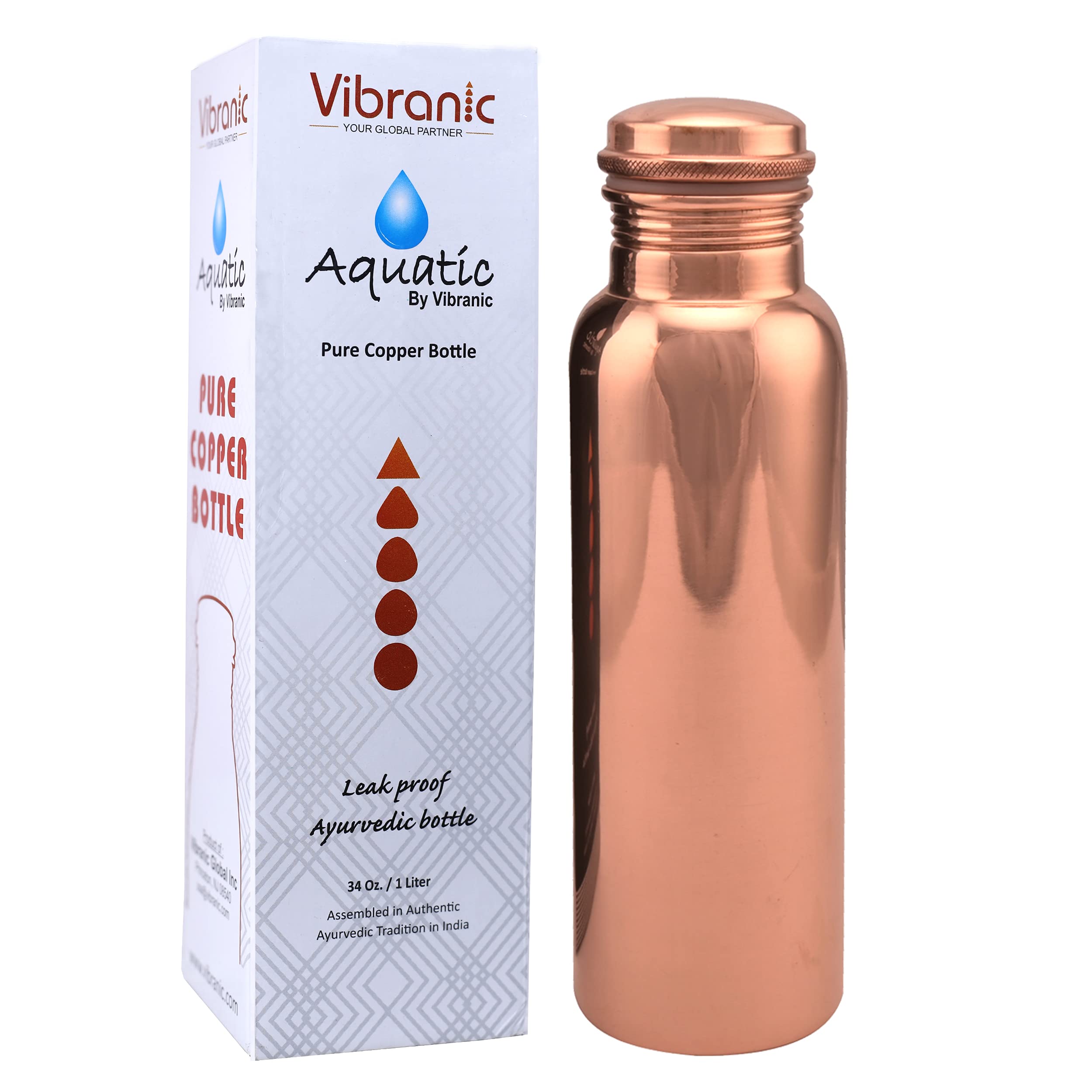 Ayurvedic Pure Copper Water Bottle 34oz - Natural Health Benefits for Hydration, Detox & Immunity - Ideal for Sports, Gym, Yoga & Travel - Made in India - BPA-Free & Eco-Friendly