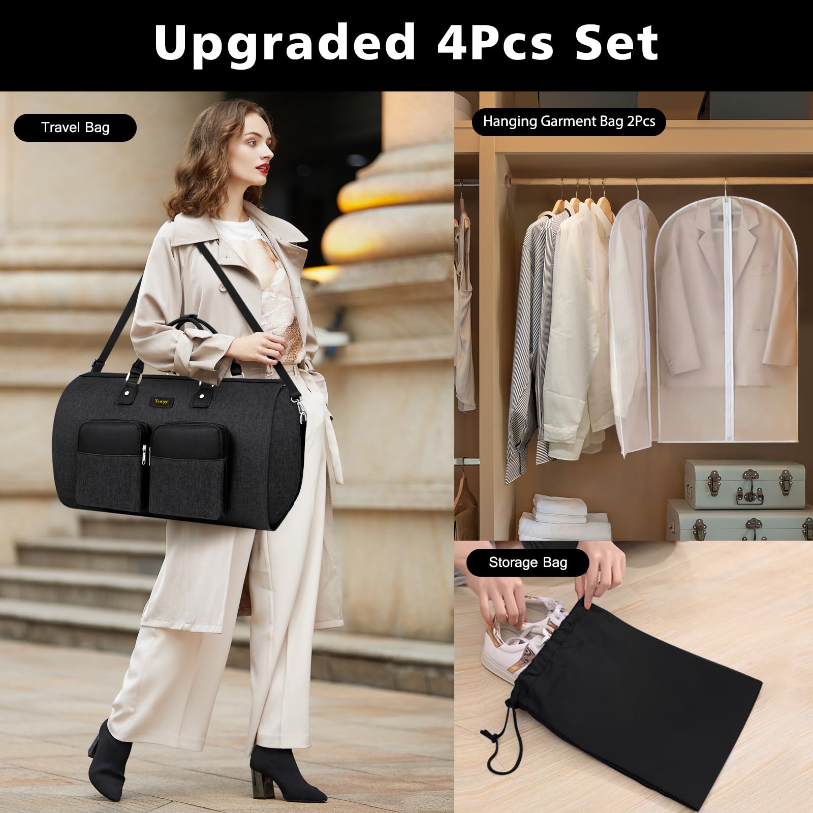 2-in-1 Convertible Travel Garment Duffle Bag Set for Men & Women - Large Carry-On Weekender with Hanging Suit Dress Clothes Organizer & Crossbody Bag (4pc) - Perfect for Business Trips, Gym & Weekend Getaways