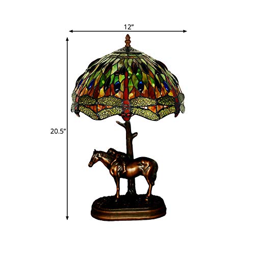 Tiffany Style Dragonfly Stained Glass Table Lamp with Resin Horse & Child - Baroque Coffee Table Lighting for Living Room, Bedroom & Office Decor