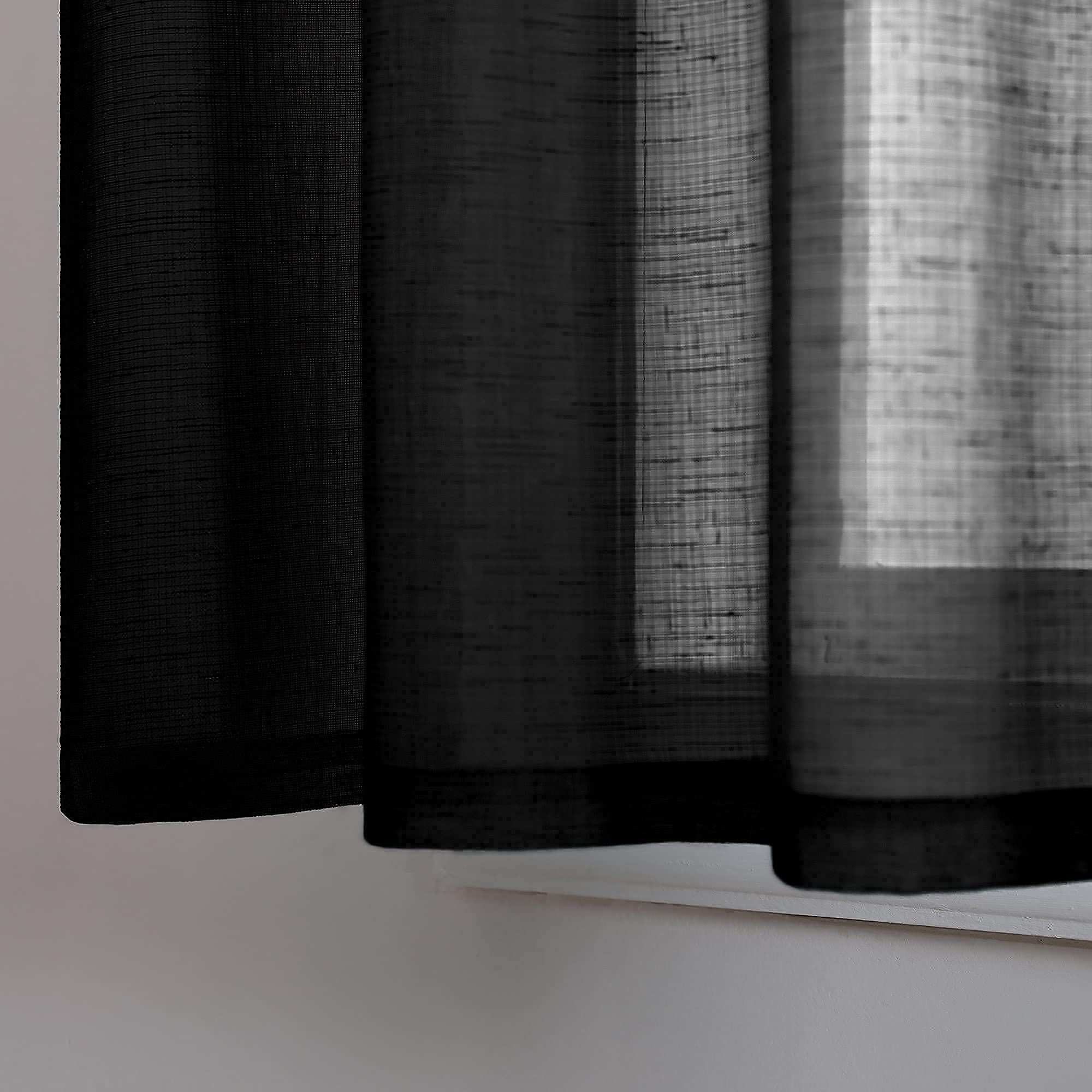 24 Inch Semi-Sheer Black Lace Curtains - Rod Pocket Linen Look Kitchen & Bathroom Window Treatments - Modern Half Cafe Style for Small Windows, Front Door, Non See-Through - Perfect for Privacy & Home Decor (Set of 2)