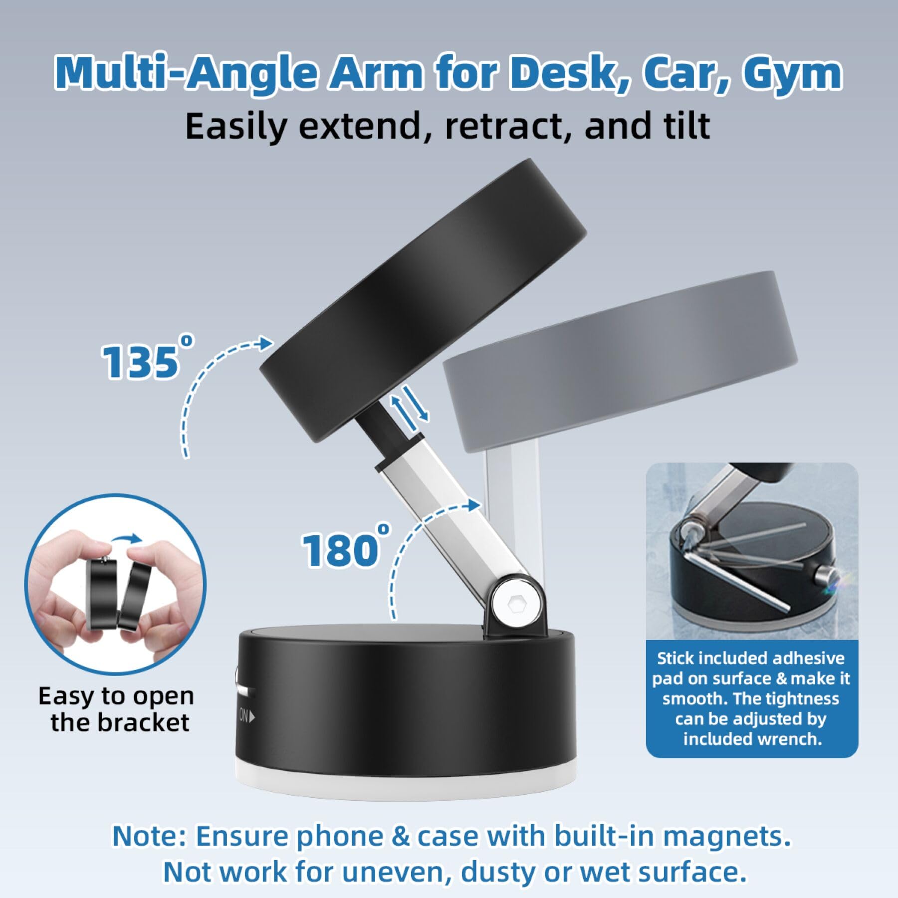 Universal Vacuum Magnetic Phone Holder with Metal Ring - Compatible with iPhone & All Smartphones | Portable, Collapsible Car Mount & Gym Stand | Includes Windshield Suction Cup for Secure Use While Driving, Working Out, or Traveling