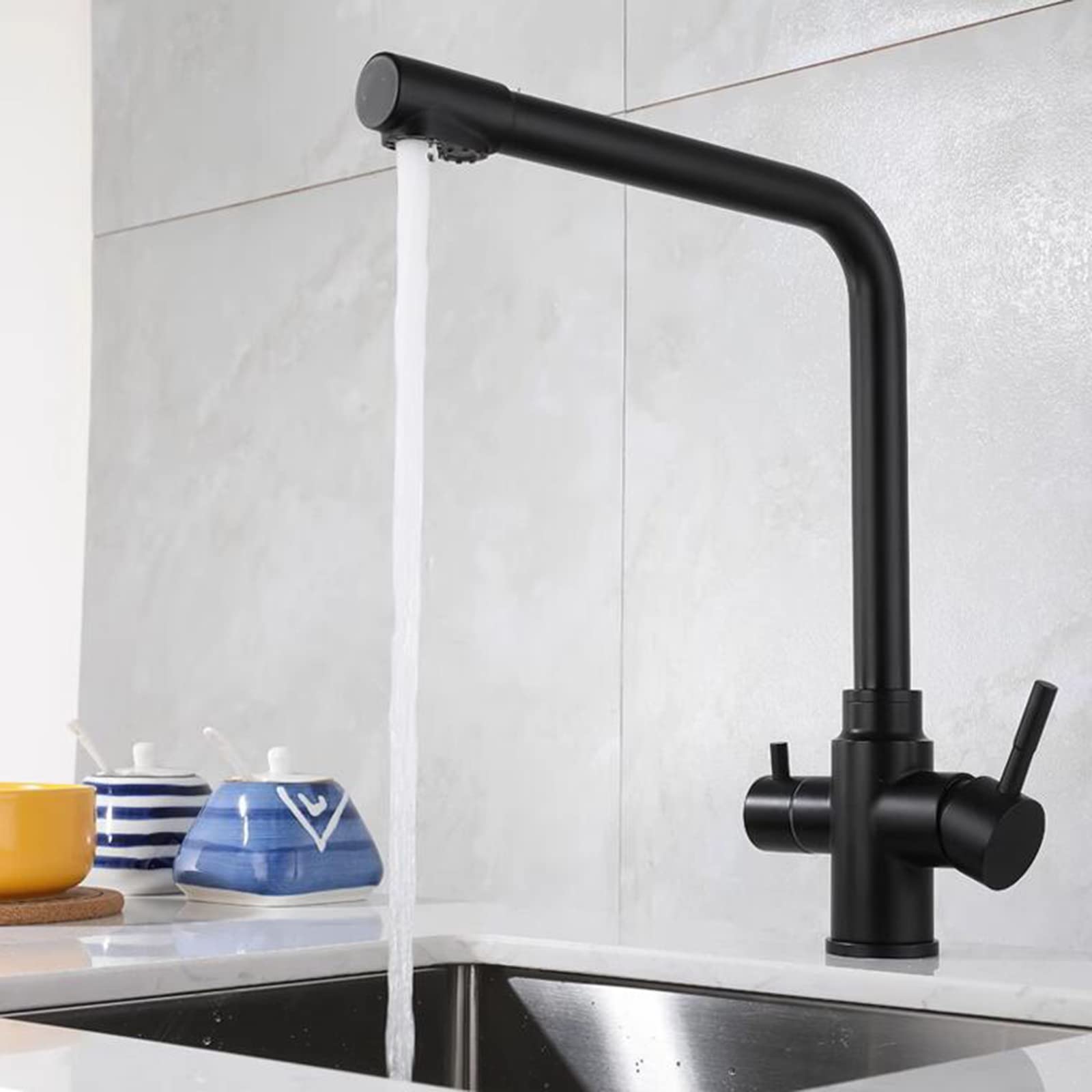 3-Way Black Stainless Steel Kitchen Faucet with Hot & Cold Water Swivel Spout - Water Filter Faucet for Modern Sinks - Perfect for Cooking, Washing Dishes & Filling Pots