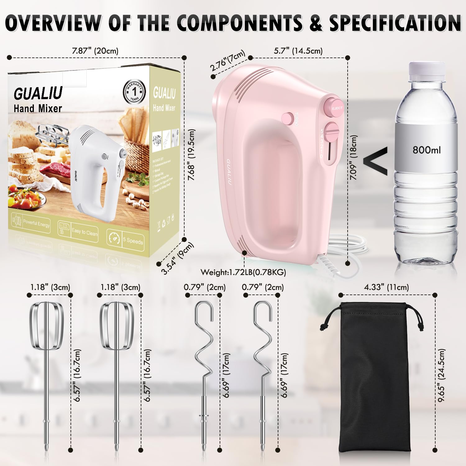**5-Speed Electric Hand Mixer with Stainless Steel Whisk & Dough Hook - Turbo Boost Kitchen Blender for Baking Cakes, Eggs, Cream - Includes Storage Bag (Pink) - Perfect for Home Baking, Whipping, and Mixing**