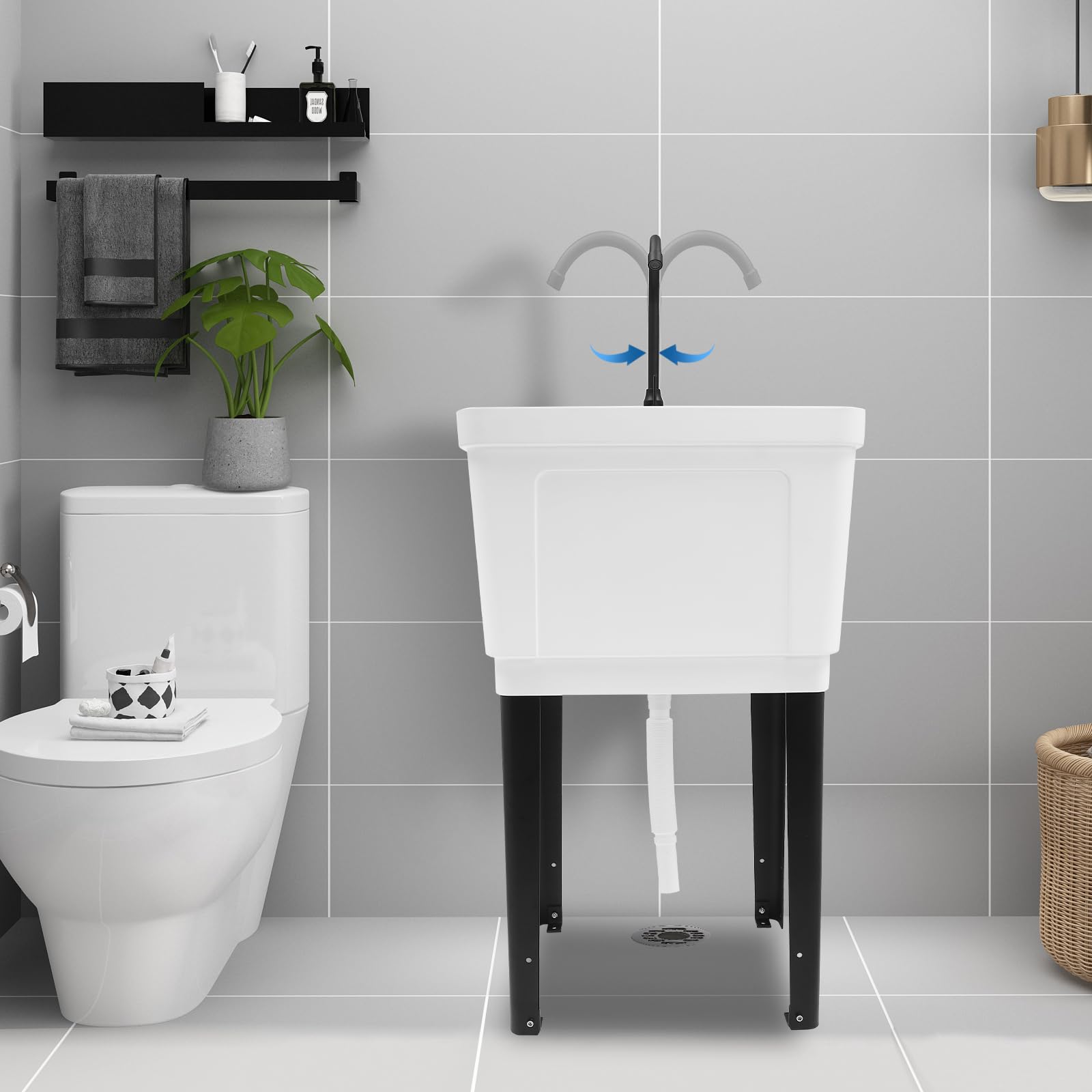 Space Saving Utility Sink - Freestanding Laundry Tub with 360° Rotatable Faucet & Soap Dispenser | Single Bowl Kitchen Sink for Laundry Room, Garage, Bathroom & Kitchen | Perfect for Small Spaces, Hand Washing & Household Chores (White)