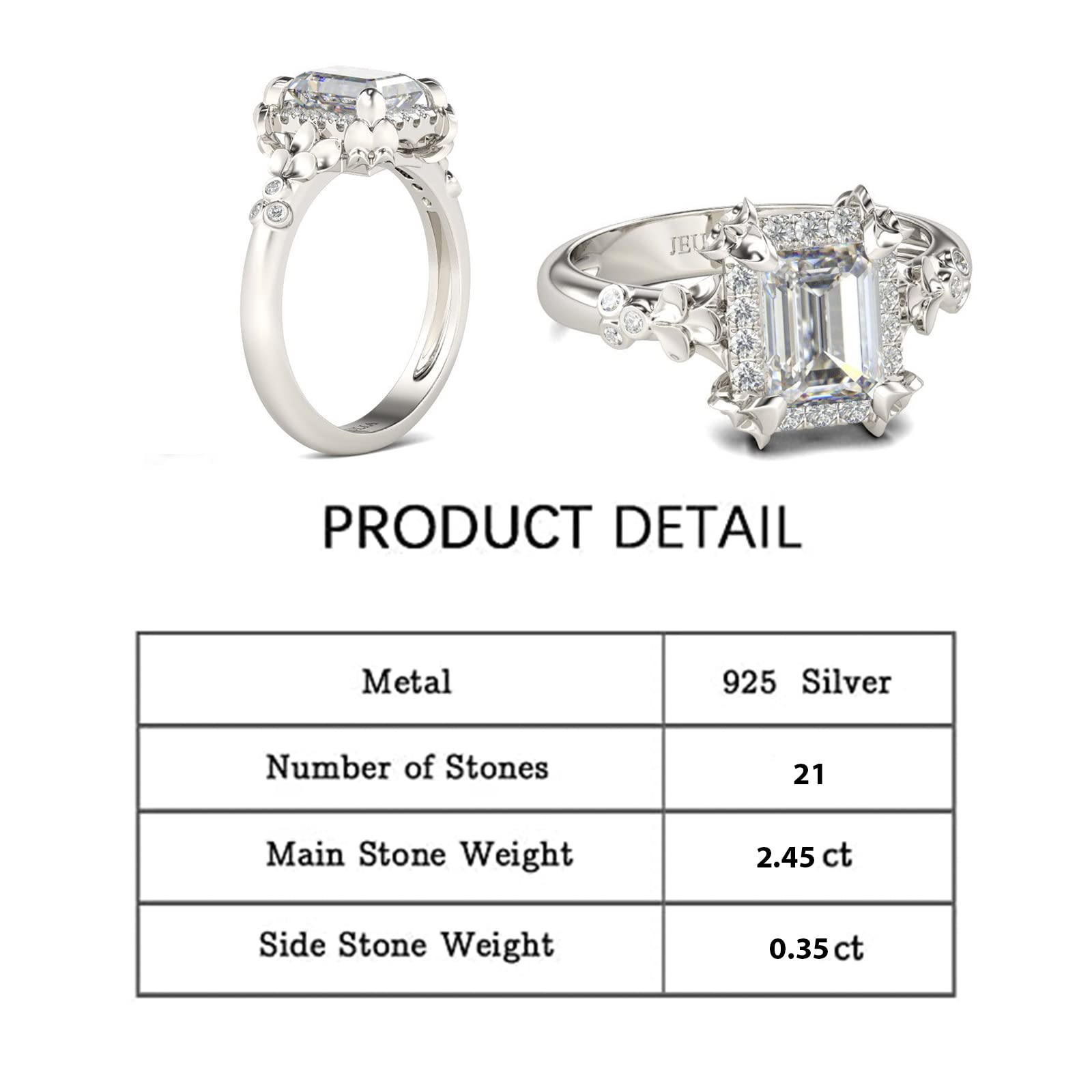 Jeulia 2.45 Carat Diamond Engagement Ring for Women - Sterling Silver Emerald Cut Flower Cubic Zirconia Wedding Band, Anniversary Promise Ring with Jewelry Gift Box | Perfect for Proposals, Weddings, Anniversaries & Special Occasions