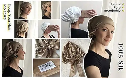 Luxury Silk Sleep Cap with Adjustable Ribbons for Women - Soft & Breathable Night Hair Cover for Sleeping, Travel & Spa