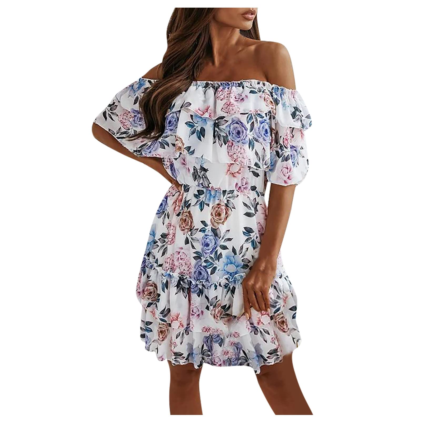NIUQI Women's Spring Thin Evening Dress - Loose Fit V-Neck Butterfly Sleeve Soft Printed Ruffled High Waist Party Dress for Cocktail, Wedding Guest & Special Occasions