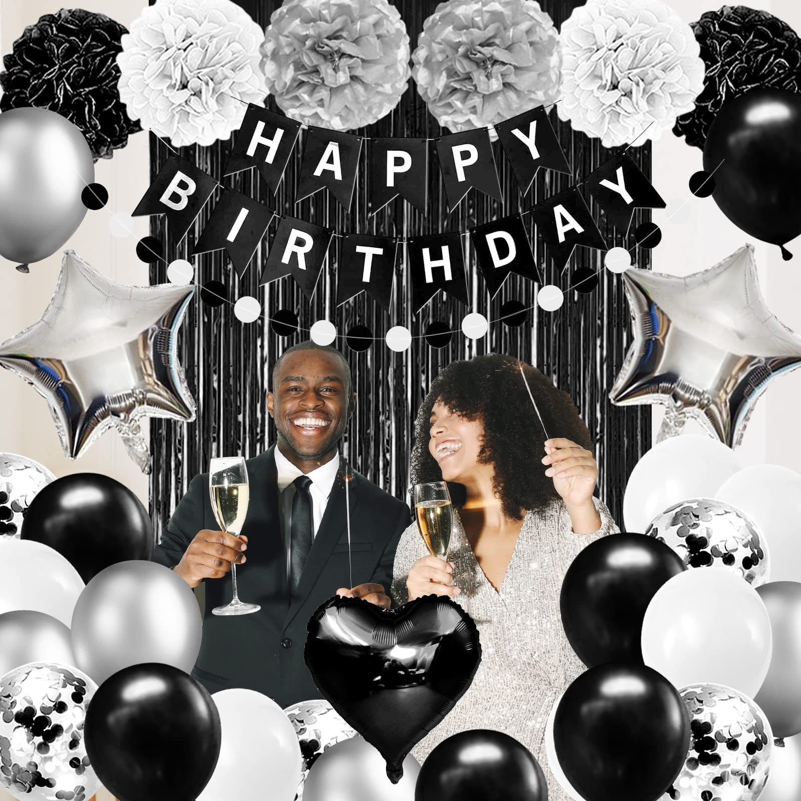 Black and White Birthday Party Decorations Set - Happy Birthday Banner, Fringe Curtains & Pompom Flowers for Men, Women, Boys & Girls | Elegant Black & Silver Theme for Adult Birthdays, Milestone Celebrations & Gender Reveal Parties