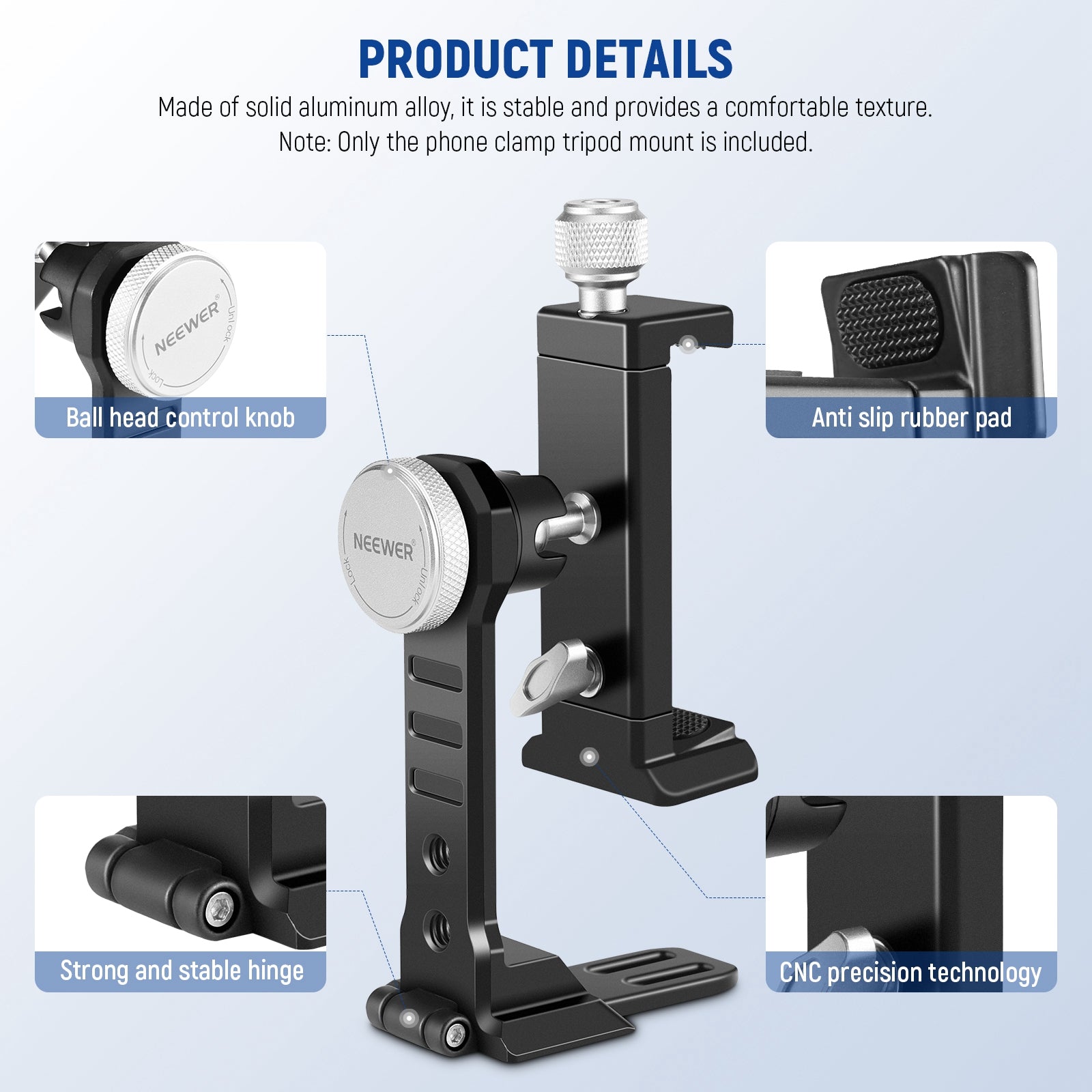 NEEWER PA002 Aluminum Alloy Smartphone Tripod Mount - Adjustable Phone Holder for Vlogging, Photography & Video Recording - Perfect for YouTube, TikTok & Live Streaming
