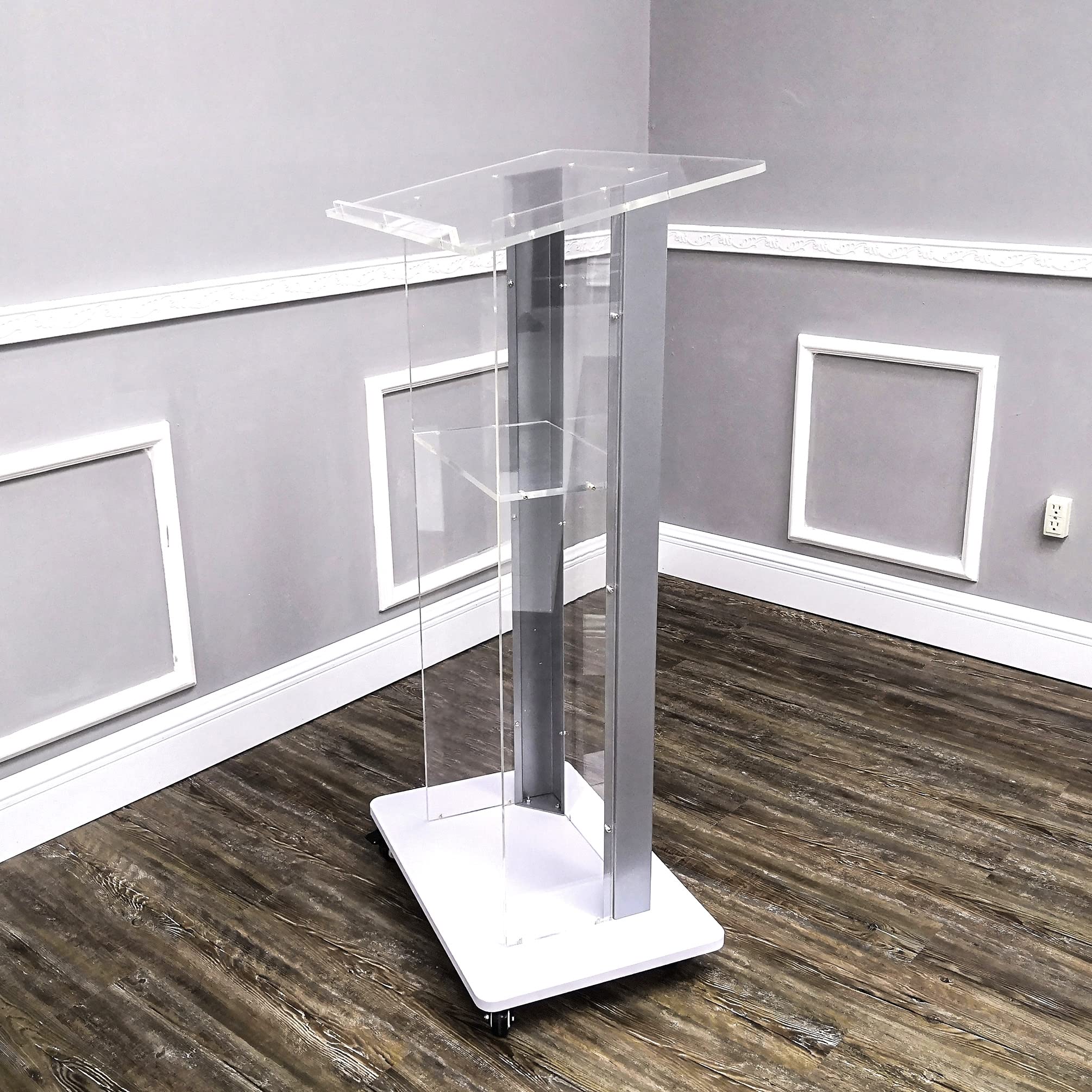 FixtureDisplays® Clear Acrylic Plexiglass Podium with Steel Sides - Church Pulpit, School Lectern, Debate Stand, Funeral Home & Conference Speaker Platform (Model 14306) - Perfect for Religious Services, Academic Presentations & Professional Events