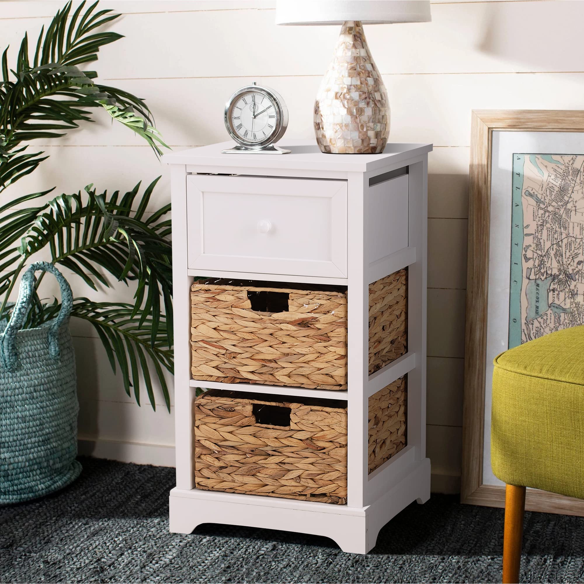 Farmhouse Storage Cabinet with 2 Drawers & Baskets - White Accent Chest for Living Room, Bedroom & Entryway Organization - Perfect for Home Decor, Clutter Control & Small Space Storage Solutions
