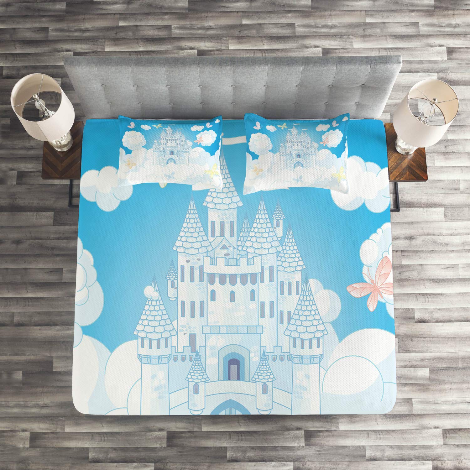 Ambesonne King Size 3-Piece Quilted Bedspread Set - Castle, Clouds & Butterflies Print, White & Sky Blue - Includes 2 Pillow Shams | Elegant Bedroom Decor for Guest Rooms & Master Suites
