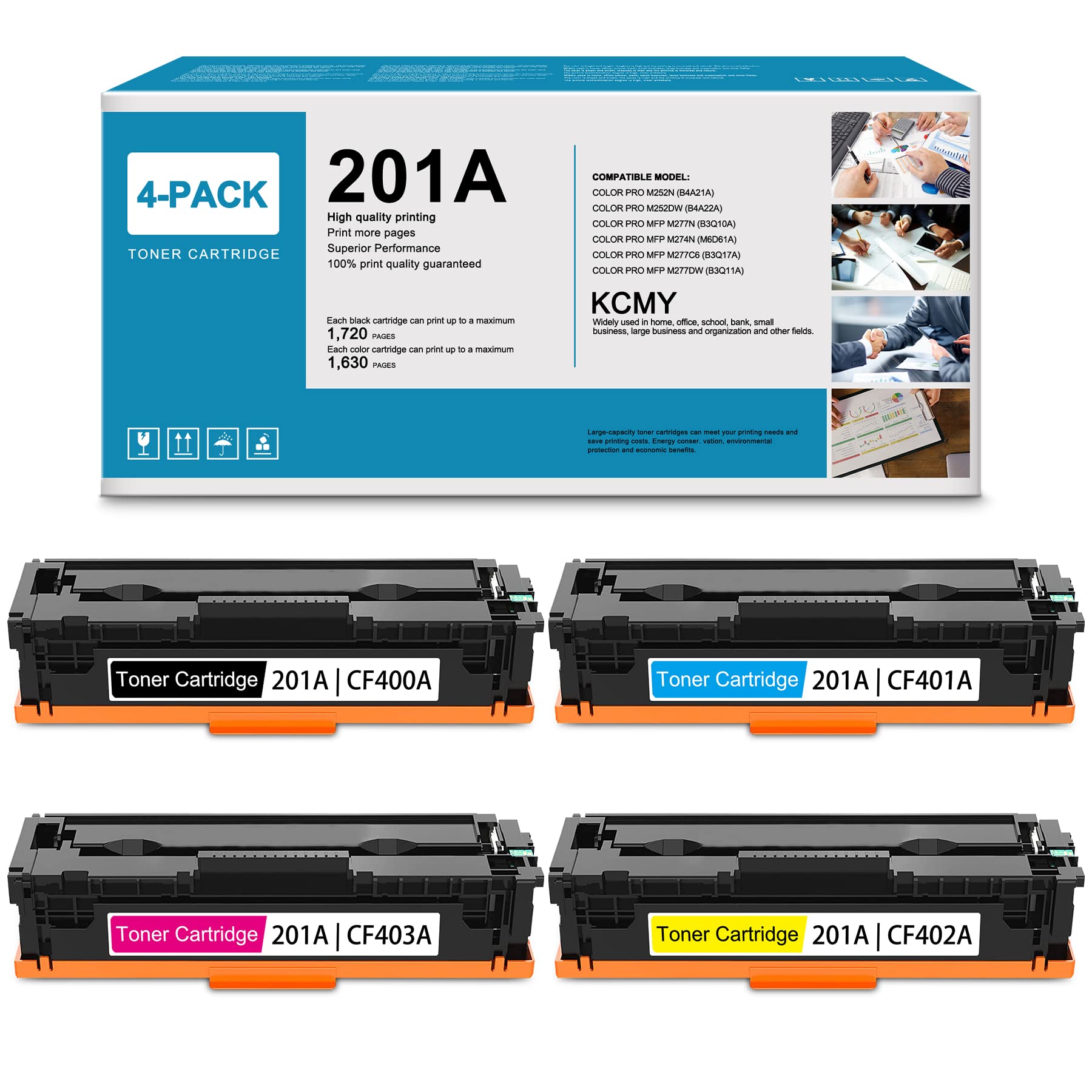 4-Pack Compatible 201A CF400A CF401A CF403A CF402A Toner Cartridges Replacement for HP Color Pro MFP M277dw M252n M277n M252dw M274n Series Printers - High-Yield Printing for Office & Home Use