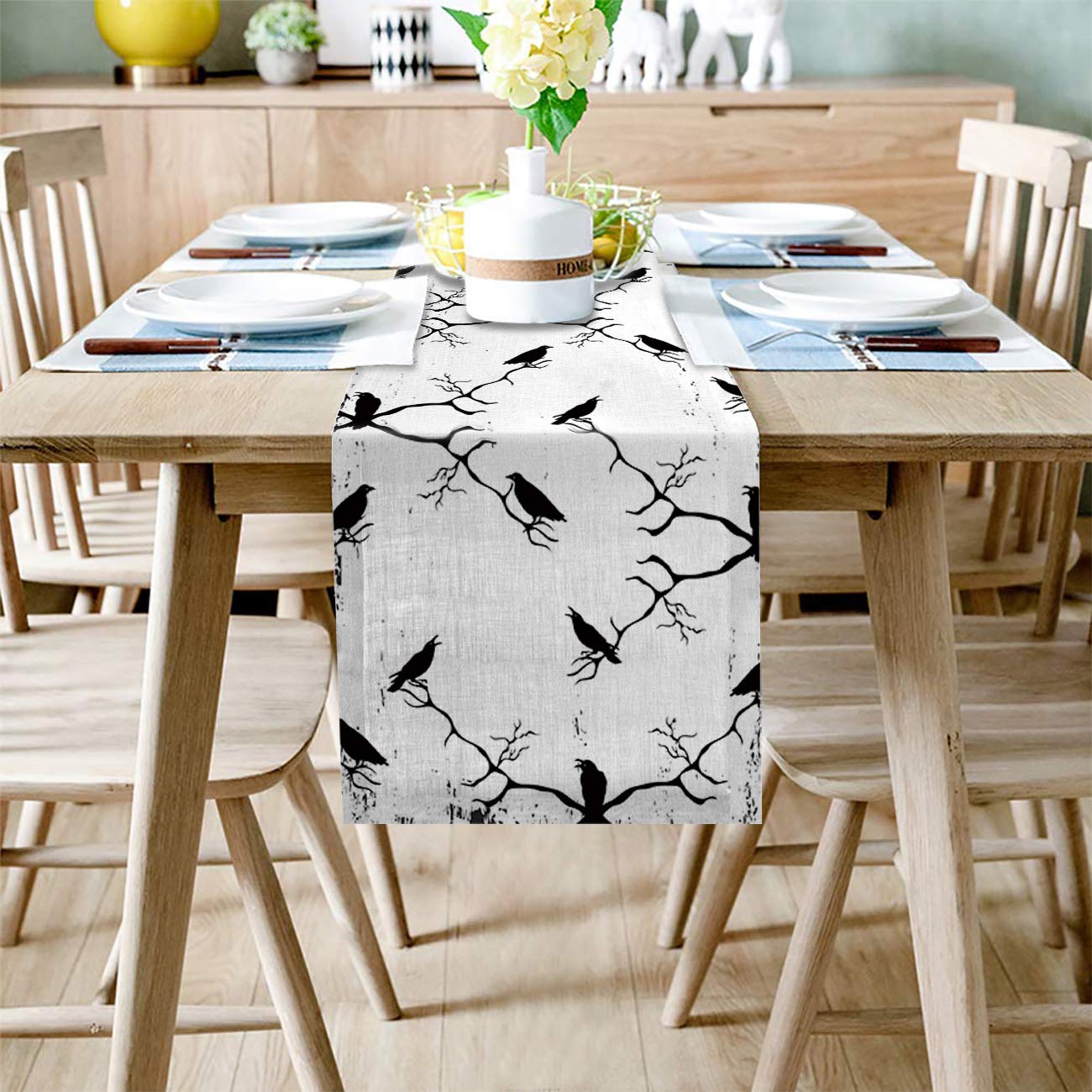 Halloween Black Crow Table Runner 120 Inches Long - Washable White Background Decorative Tablecloth for Round, Kitchen, Coffee, Dining & End Tables - Perfect for Halloween Parties, Home Decor & Living Room