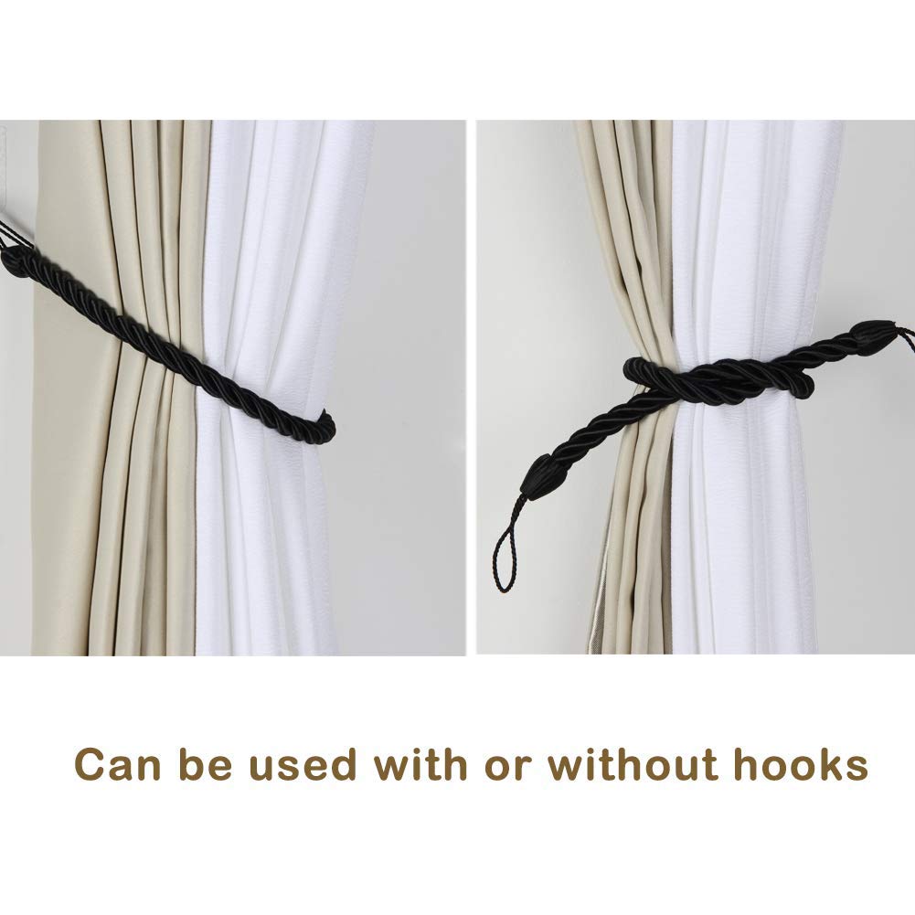 BEL AVENIR Handmade Curtain Tiebacks Ropes - 4 Pack Black Curtain Holdbacks for Living Room, Bedroom & Window Decor