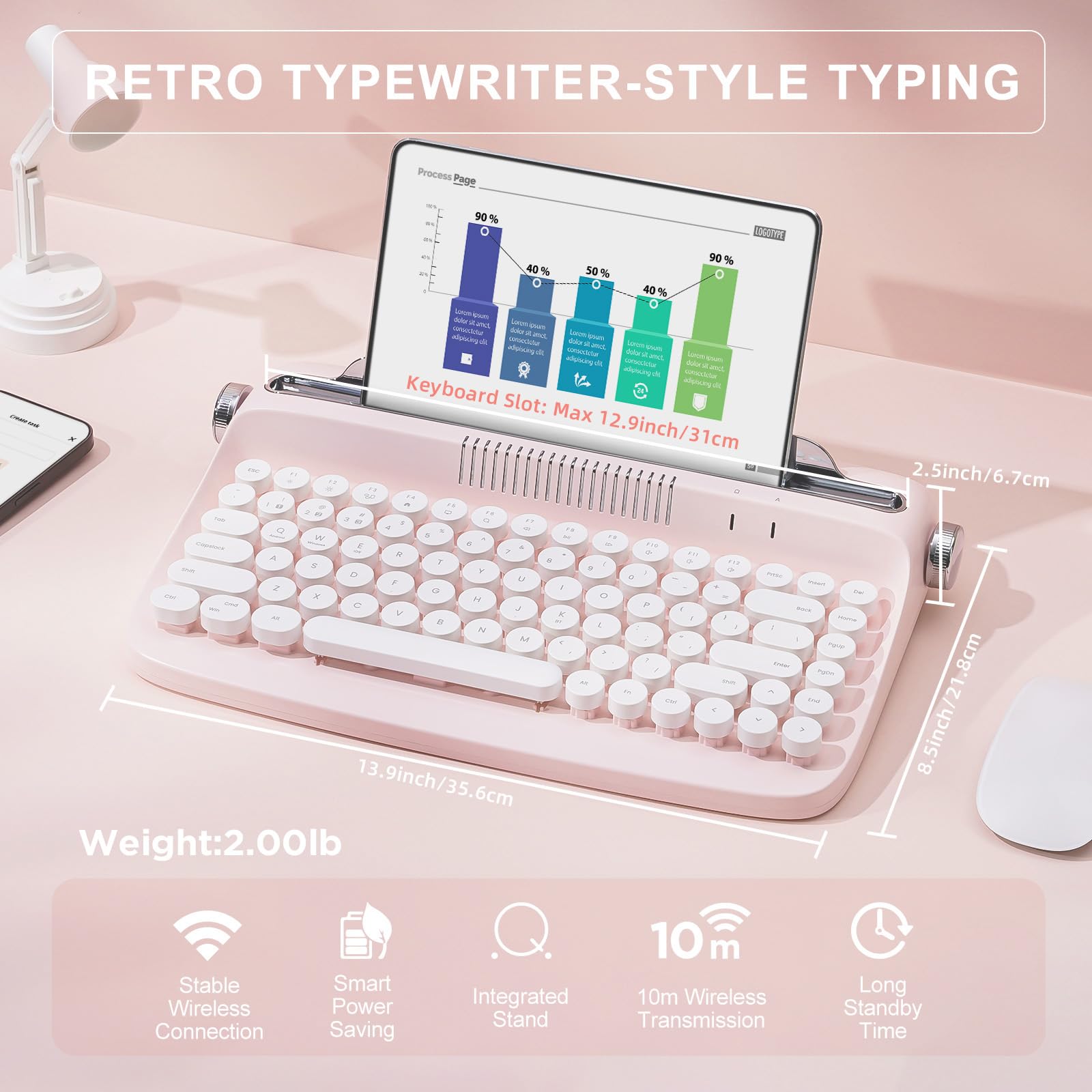 YUNZII ACTTO B303 Wireless Typewriter Keyboard - Bluetooth Mechanical Keyboard with Retro Design, Compatible with Tablet/Phone/PC (Windows/Mac/Android), Includes Stand - Baby Pink | Perfect for Typing, Office Work & Creative Writing