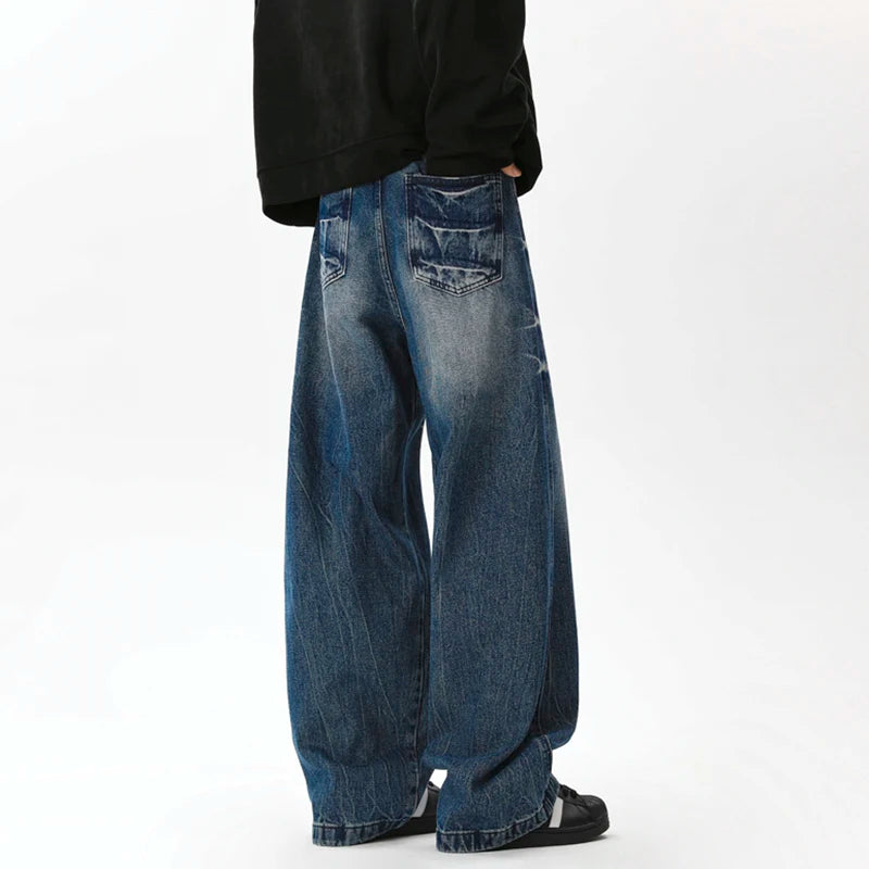 Vintage Washed Baggy Loose Wide Leg Jeans for Men - Lightning Patterned Casual Streetwear with Niche Design (Style 9C9260) | Perfect for Hip-Hop Fashion, Urban Street Style and Retro Outfits
