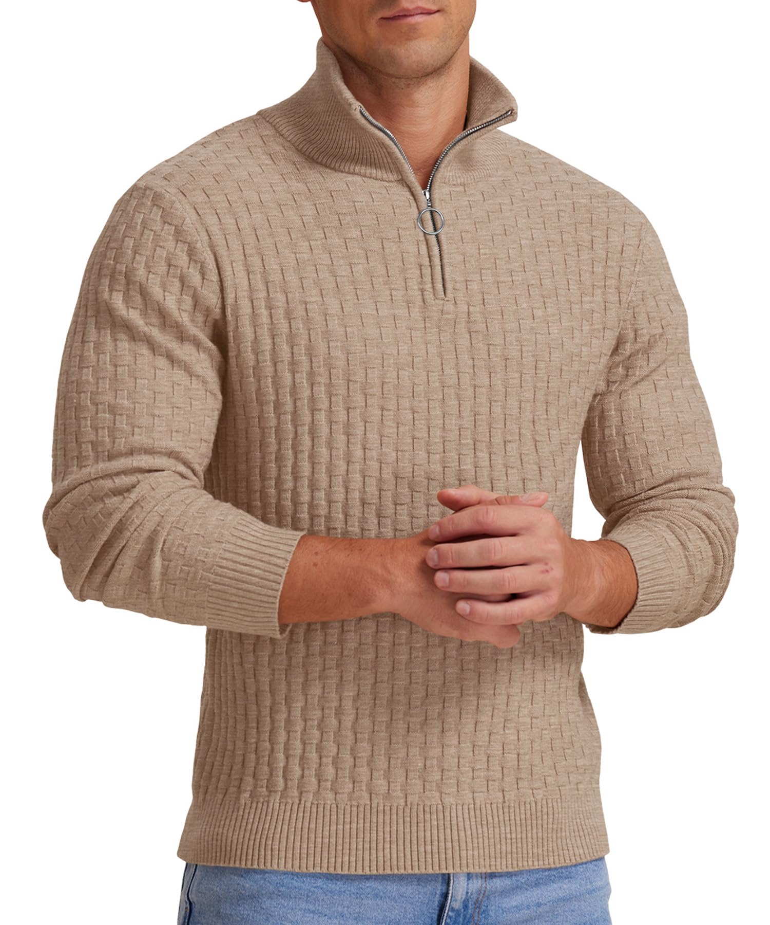 Askdeer Men's Quarter Zip Waffle Knit Pullover Sweater - Mock Neck Ribbed Casual Polo Shirt for Work, Travel & Outdoor Activities