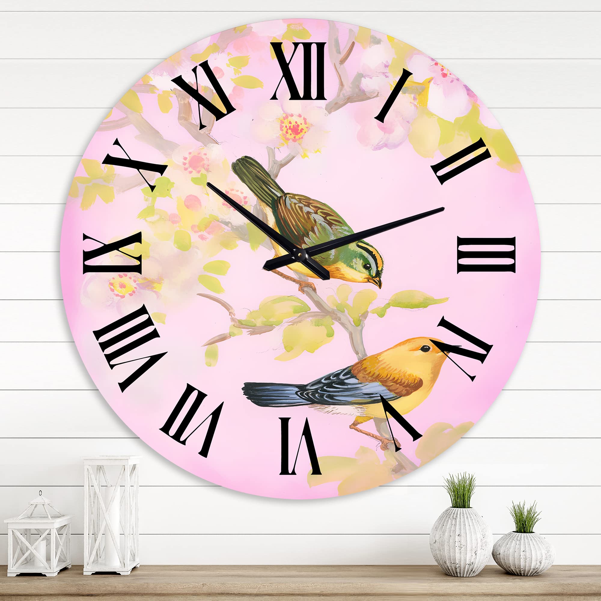 DesignQ Traditional Wall Clock - Beautiful Bright Birds on Branch, Large Decorative Clock for Living Room, Bedroom, Office | Silent Non-Ticking, Battery Operated Home Décor