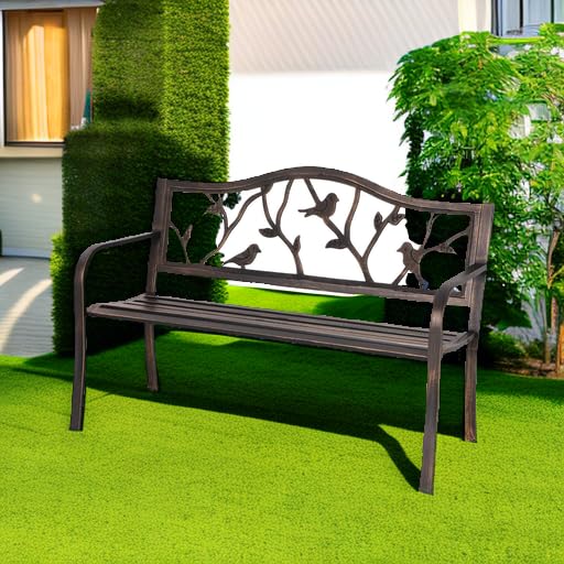 Sophia & William Wrought Iron Outdoor Bench with Backrest & Armrests - Patio, Porch, Garden Seating Furniture in Bronze Finish for Relaxing Outdoors
