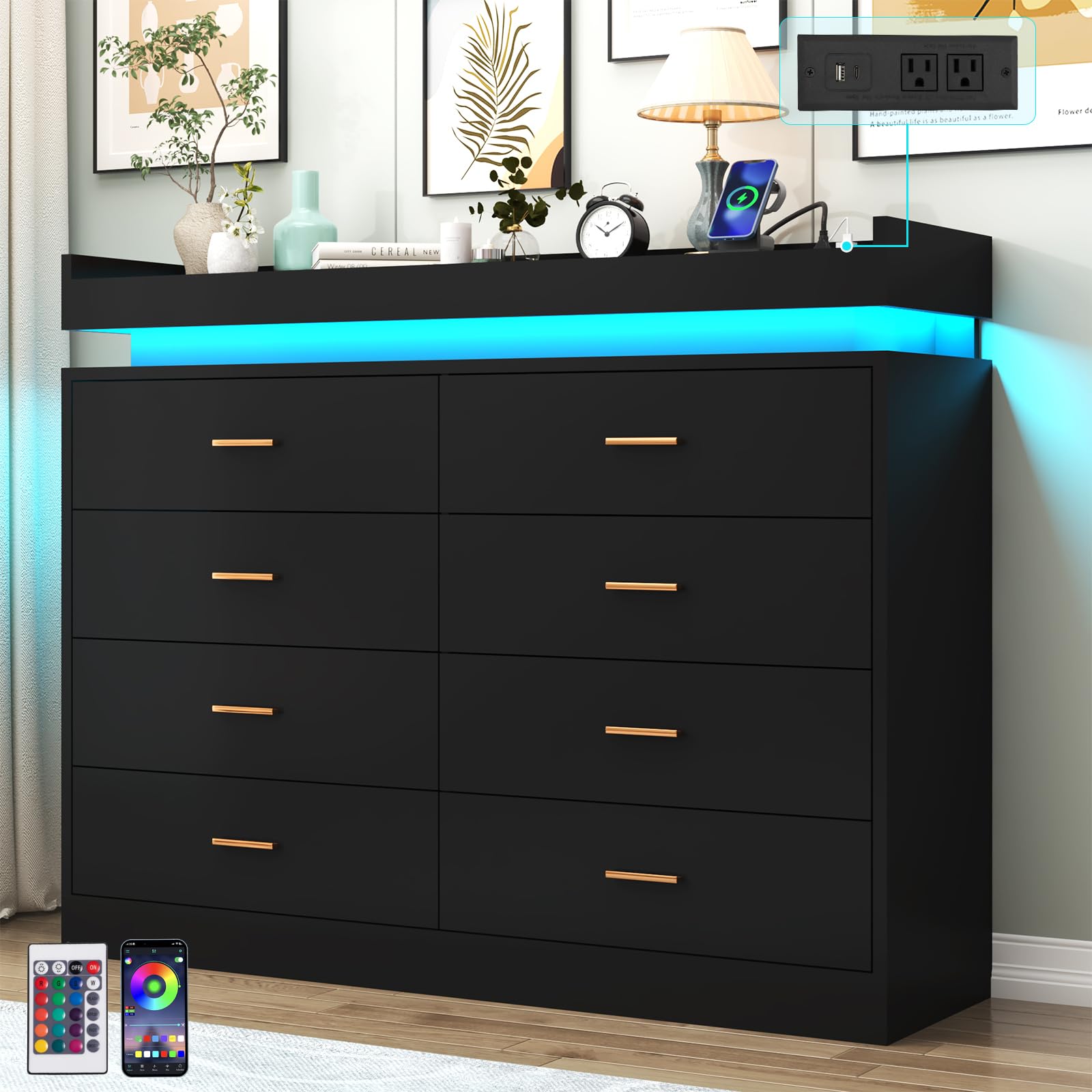 Modern 8-Drawer Dresser with LED Lights & USB Charging Station - Wide Storage Cabinet for Bedroom, Closet, Living Room, Entryway | Space-Saving Organizer for Clothes, Accessories & Home Essentials (Black) - Perfect for Small Apartments & Contemporary Home Decor