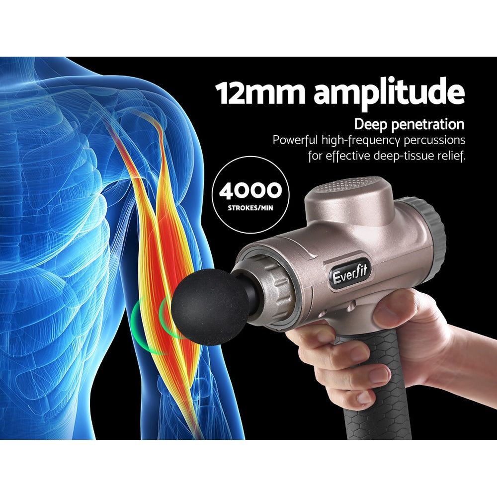 Everfit Deep Tissue Massage Gun with 6 Interchangeable Heads & LCD Display - Electric Percussion Massager for Muscle Pain Relief & Recovery - Perfect for Athletes, Gym Lovers & Home Use
