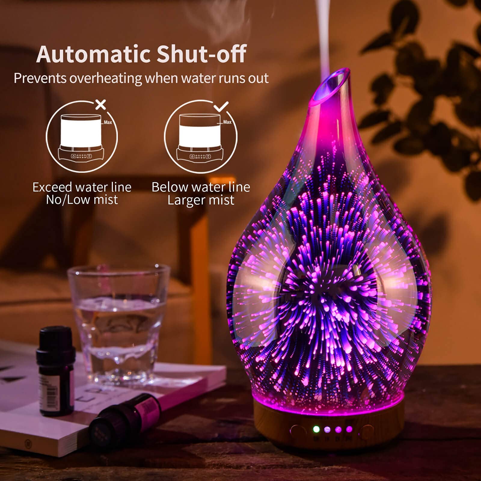 Porseme 100ml Rose Gold 3D Firework Glass Ultrasonic Humidifier & Essential Oil Diffuser with LED Table Lamp - Perfect for Aromatherapy, Home Decor, and Bedroom Relaxation