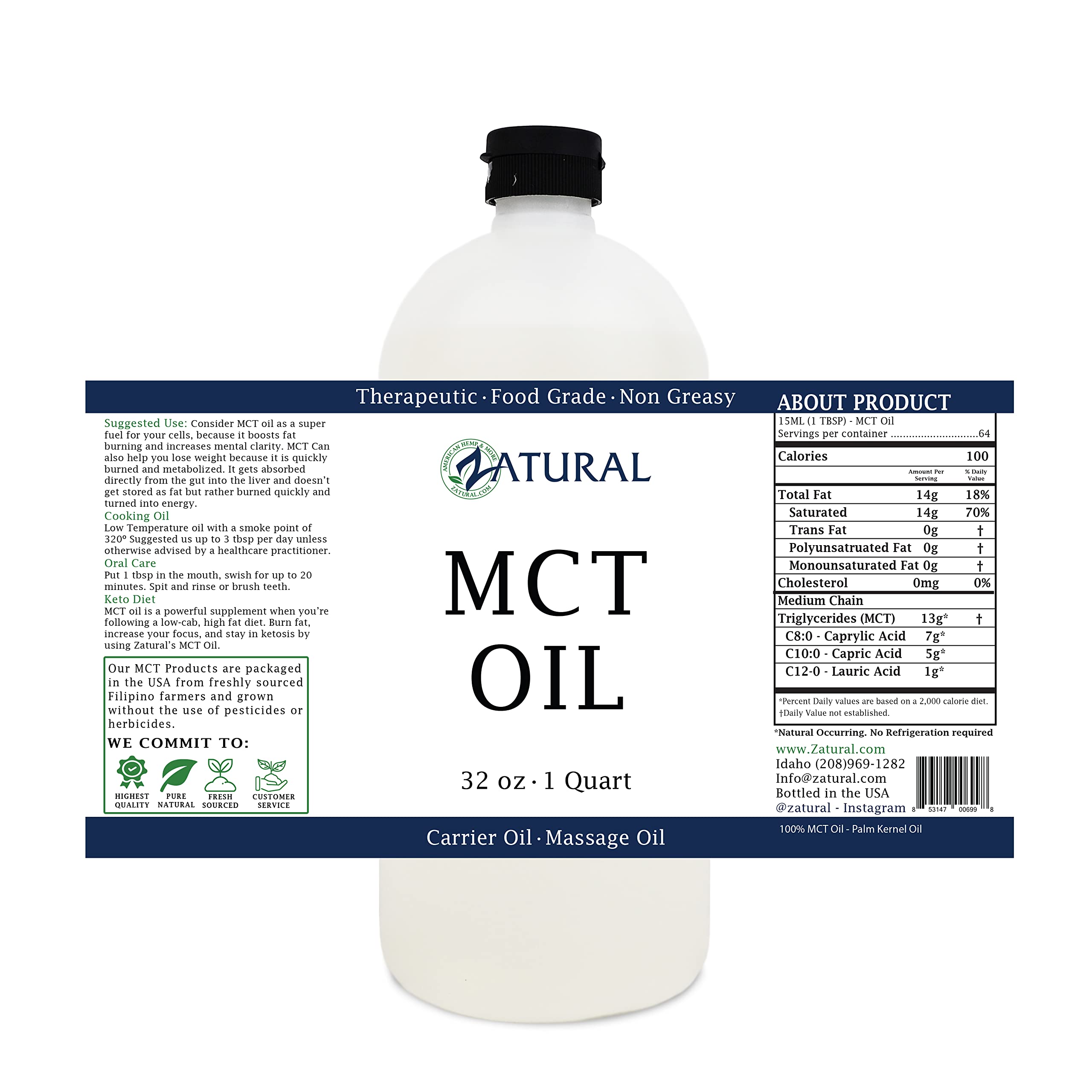 Pure MCT Oil - 32 Oz | Premium Carrier Oil for Massage, Hydration & Hair Care | Food & Therapeutic Grade Coconut Oil | Perfect for Keto Cooking, Skincare & Aromatherapy