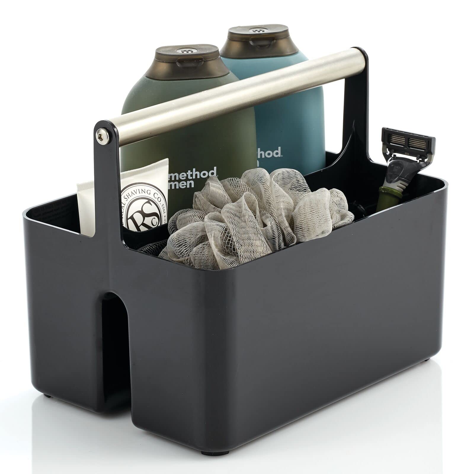 mDesign Plastic Shower Caddy Organizer with Metal Handle - Bathroom Storage Basket for Soap, Shampoo & Conditioner - Utility Tote for Dorm, Kitchen & Bath - Aura Collection in Black/Brushed Chrome - Perfect for Small Space Organization & Travel Essentials
